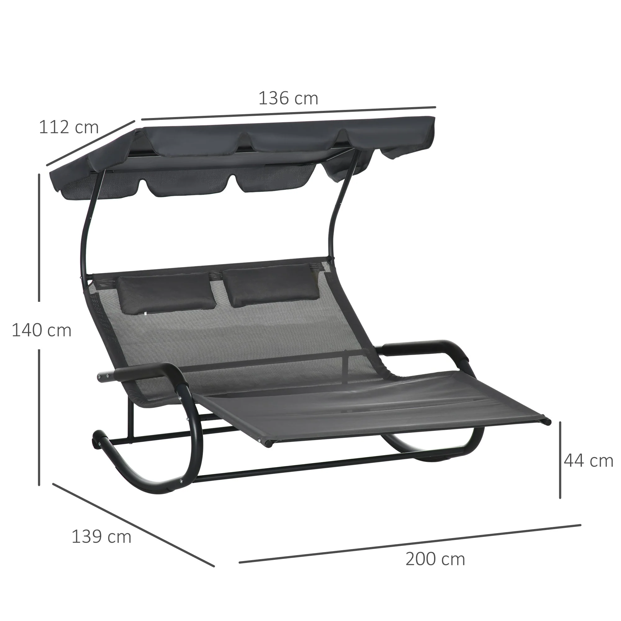 Double Sun Lounger/Rocking Bench with Sunshade, Wheels, 220kg Capacity, for 2 People, Dark Grey - Image 3