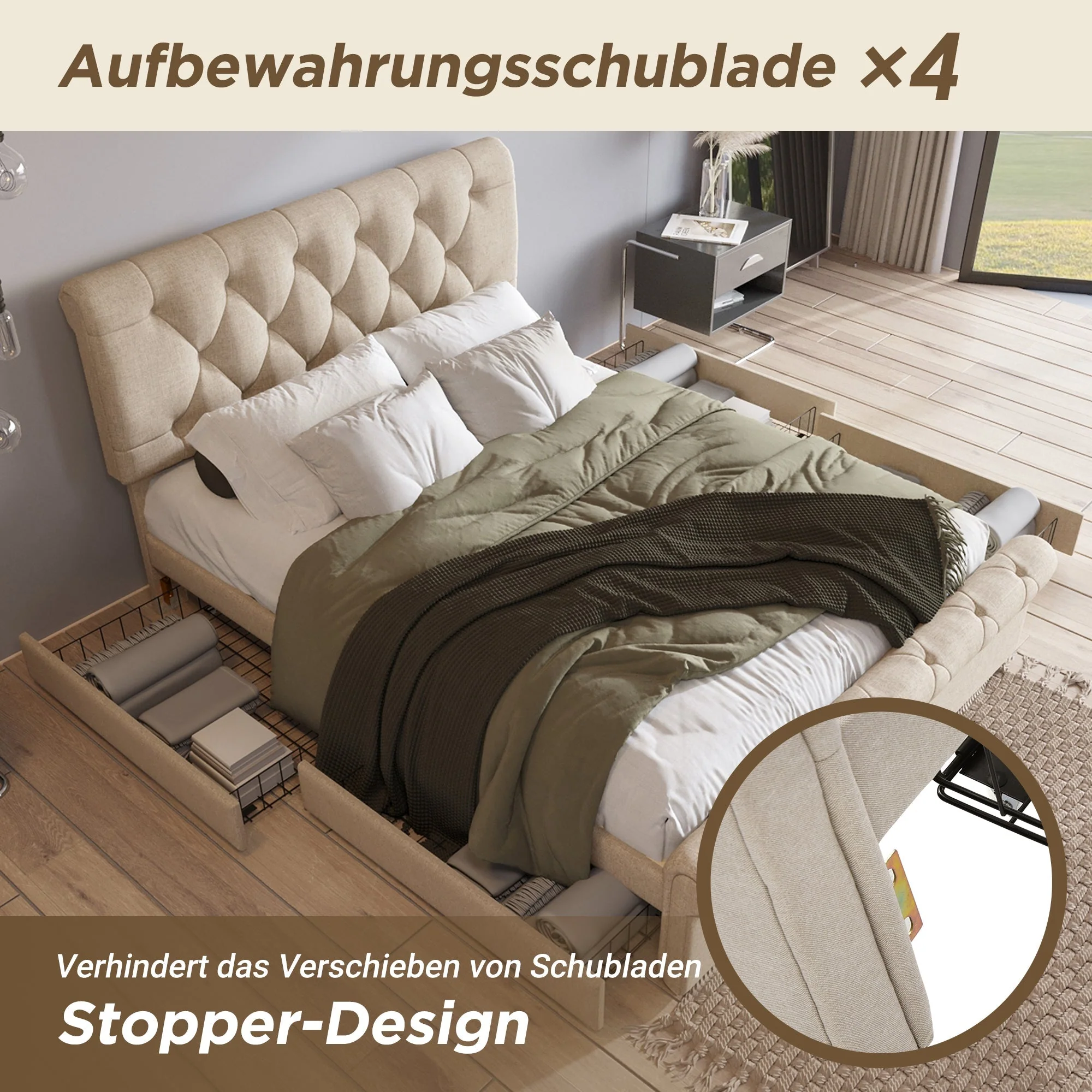 Double Upholstered Bed 140x200cm, 4 Drawers Adjustable Headboard, Natural Finish - Image 5