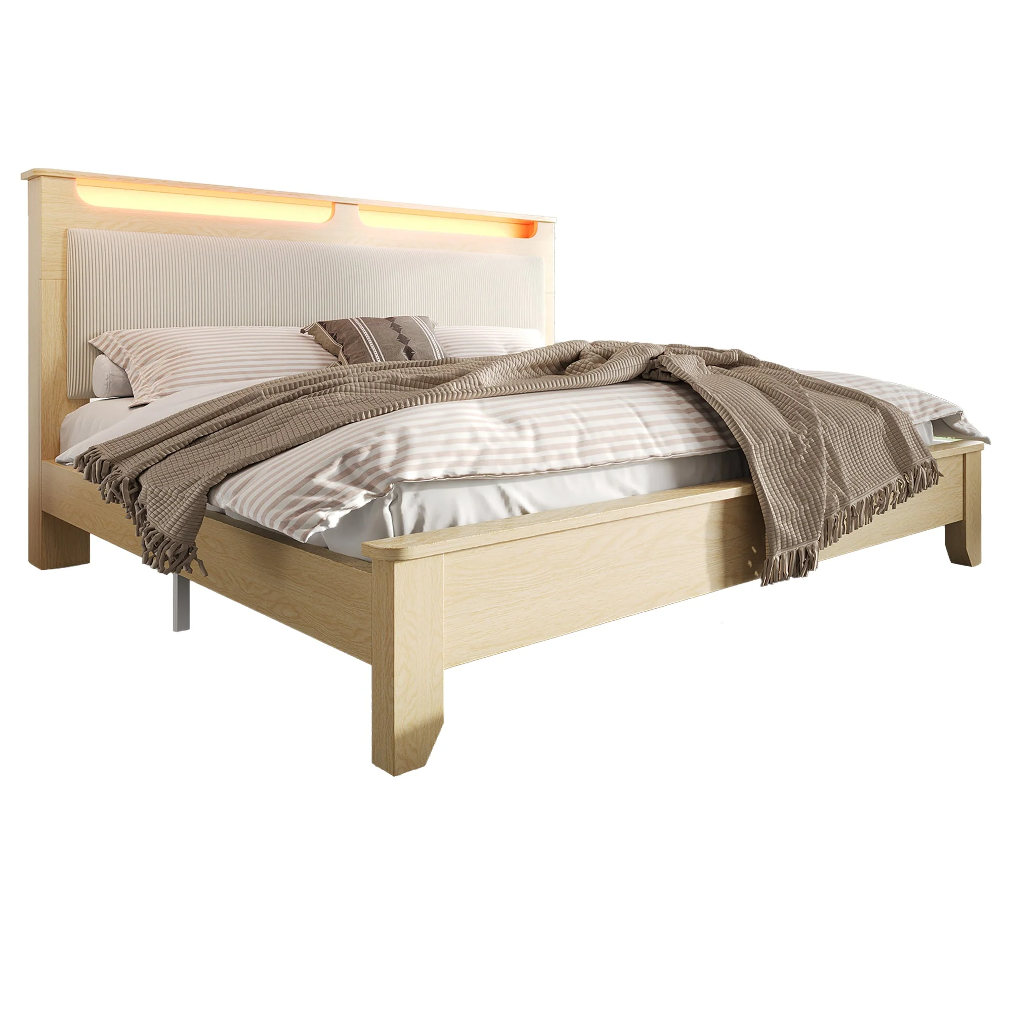 Double Wooden Bed 140x200cm, LED Headboard & Storage, Light Oak - Image 7
