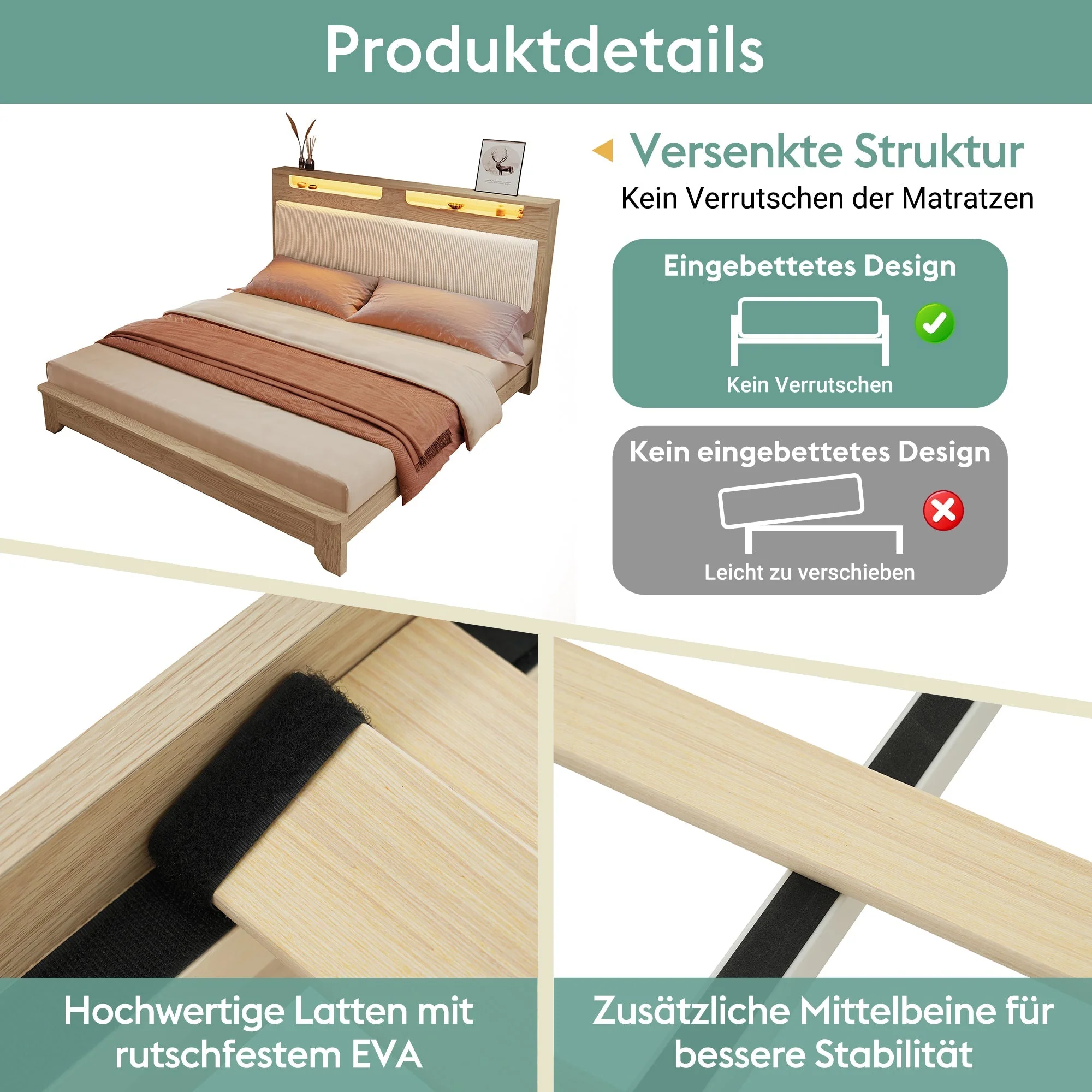 Double Wooden Bed 140×200cm, Storage Headboard, LED, Bed Bench, Light Oak/Beige Corduroy - Image 5