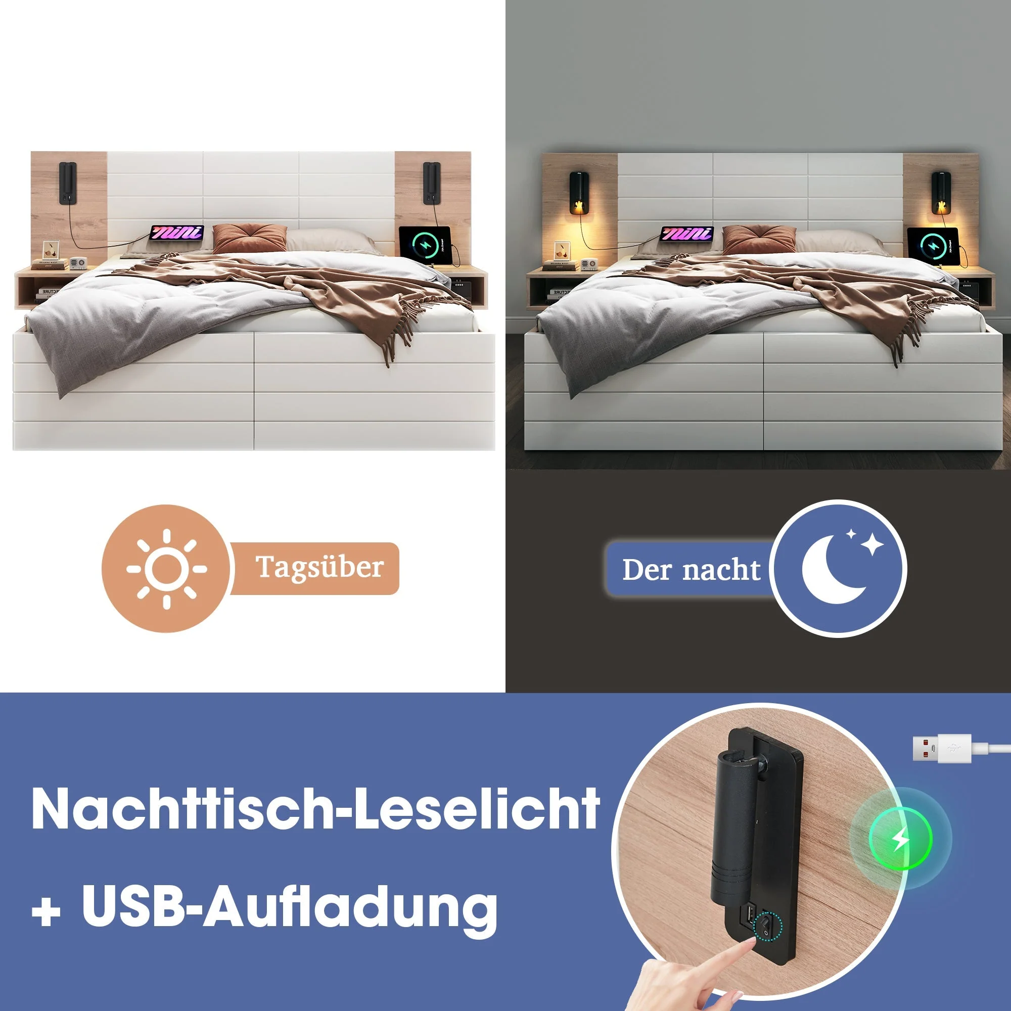 Double Wooden Bed, 160x200cm, 2 Drawers, USB, Oak/White - Image 5