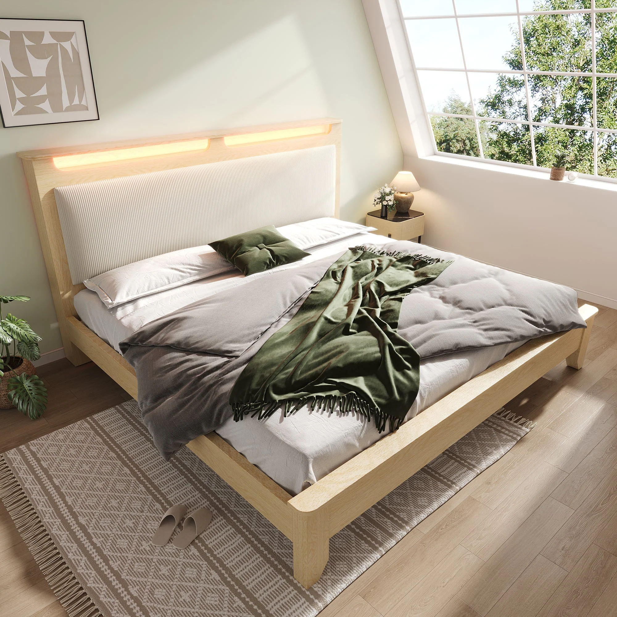 Double Wooden Bed, 160x200cm LED Headboard with Storage, Light Oak - Image 10