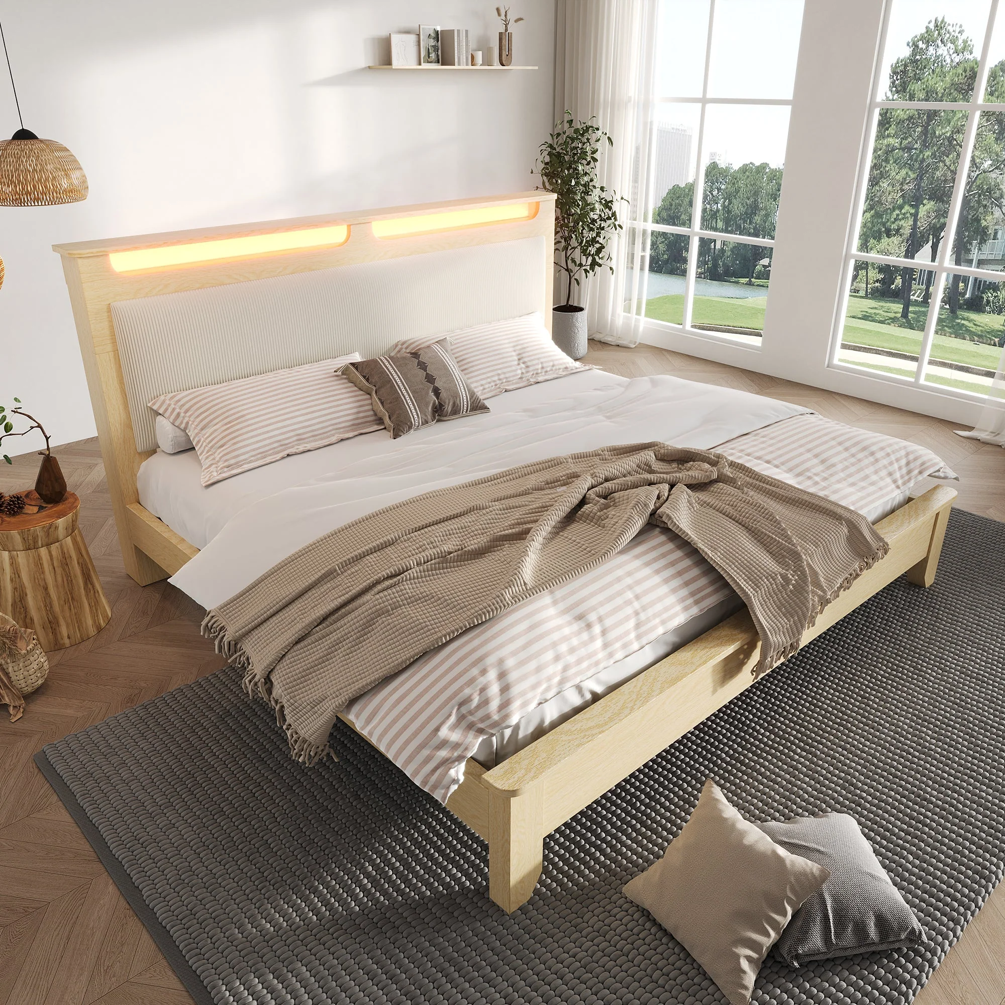 Double Wooden Bed, 160x200cm LED Headboard with Storage, Light Oak - Image 2