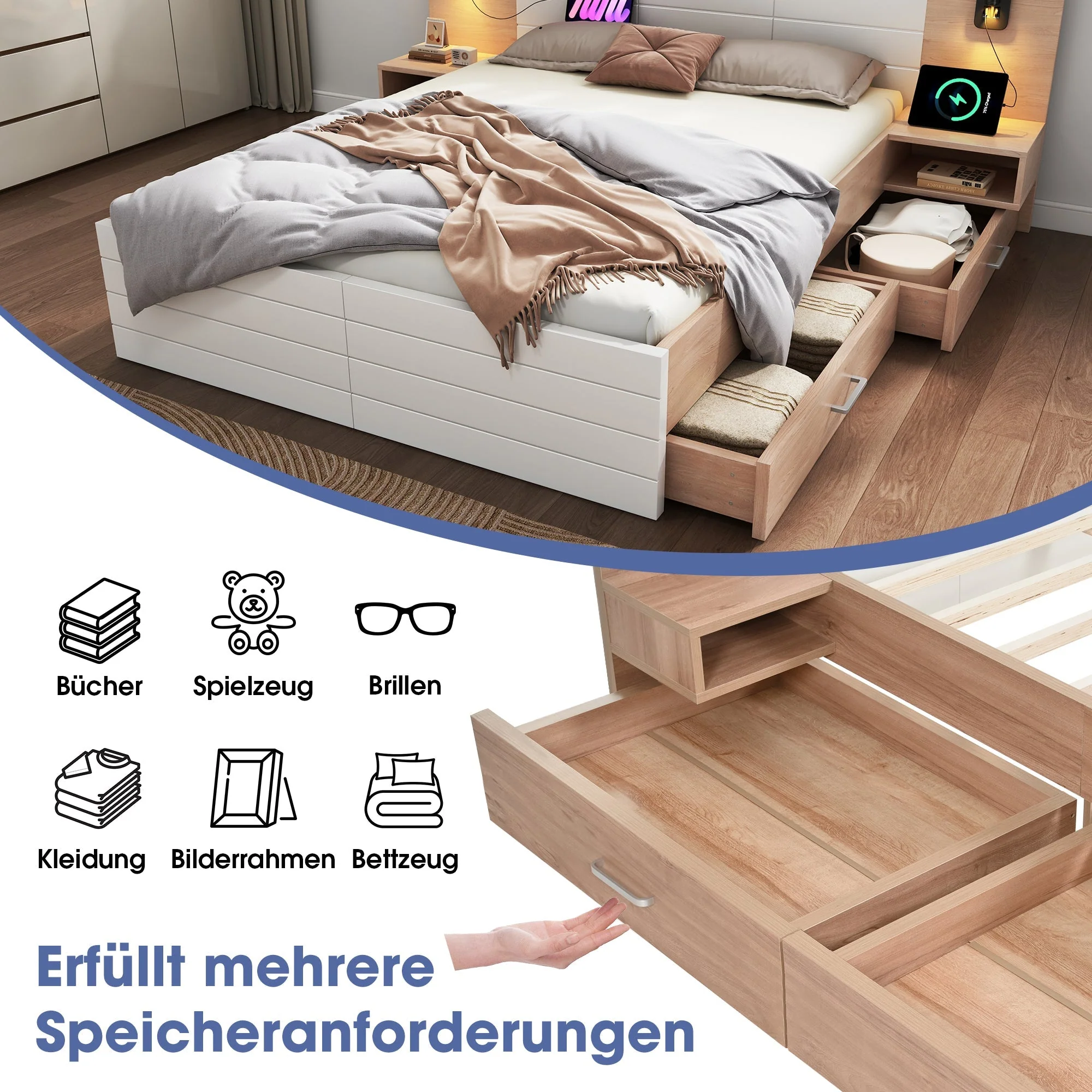 Double Wooden Bed, 160x200cm with 2 Drawers, Reading Light & USB, Oak/White - Image 3