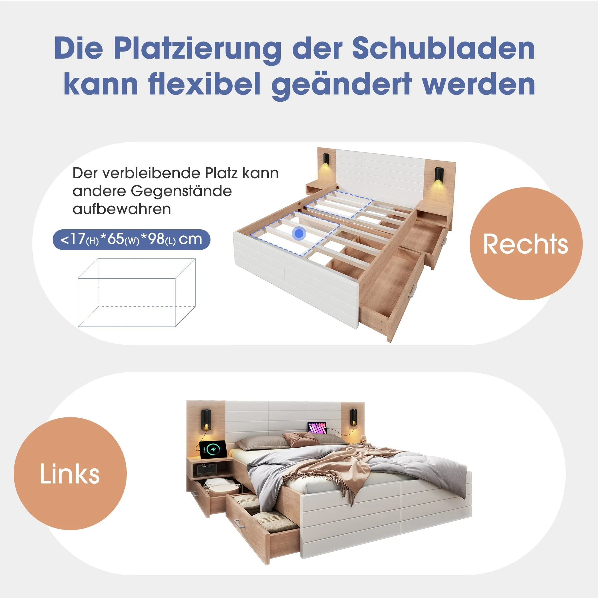 Double Wooden Bed, 160x200cm with 2 Drawers, Reading Light & USB, Oak/White - Image 6