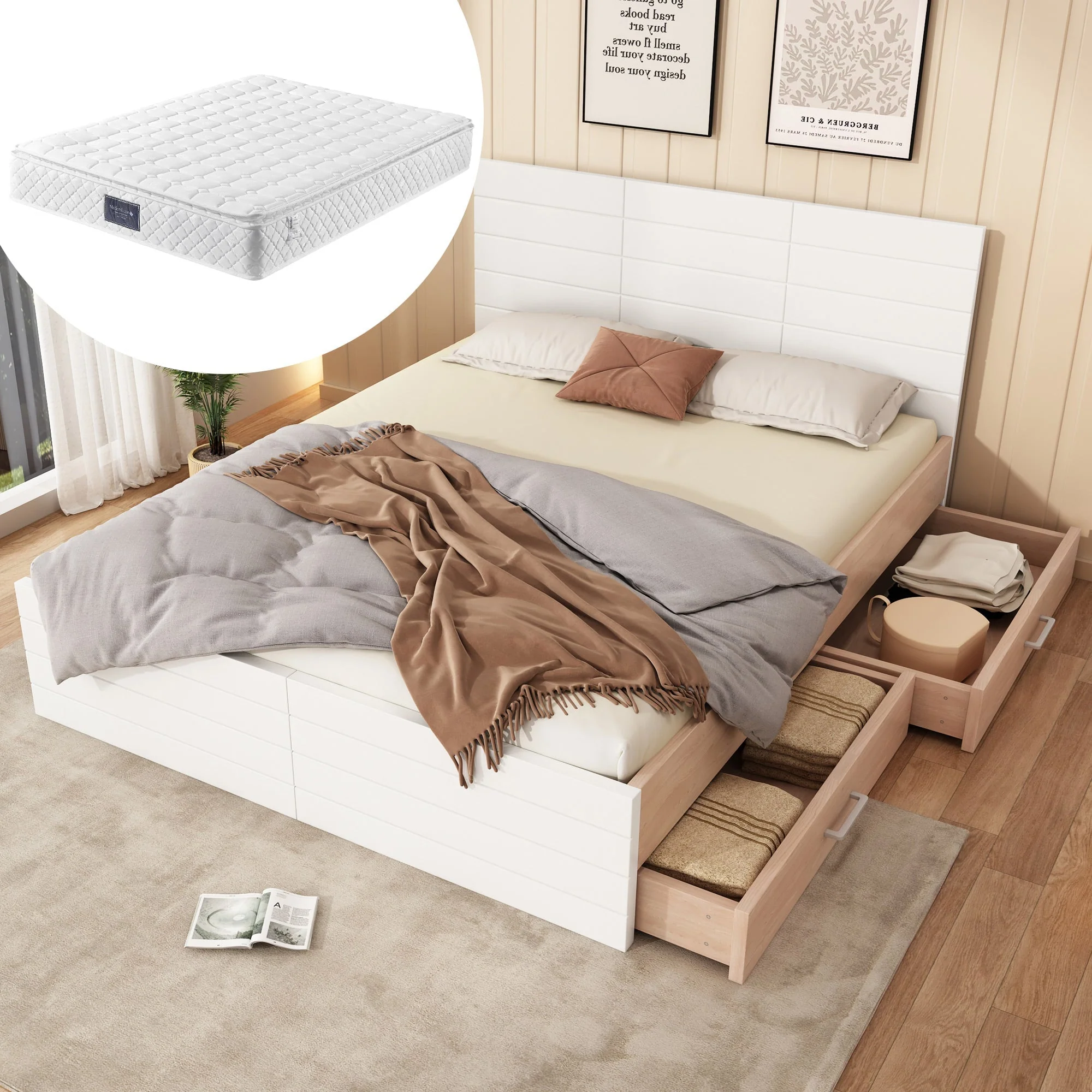 Double Wooden Bed, 160x200cm with 2 Drawers & Slatted Frame, Oak/White