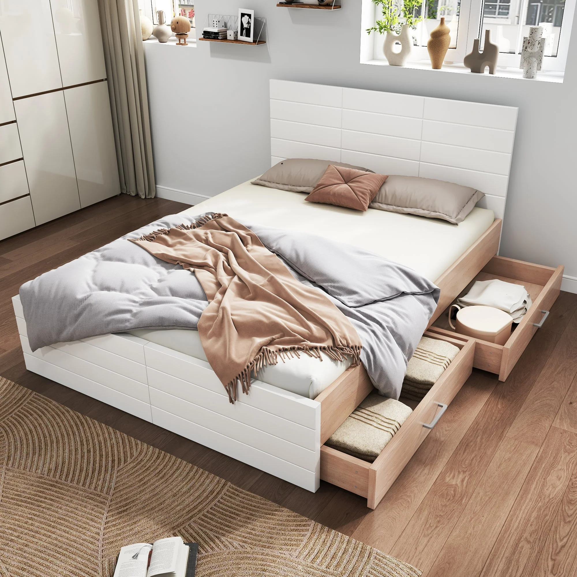 Double Wooden Bed, 180x200cm with 2 Drawers & Slatted Frame, Oak/White - Image 6