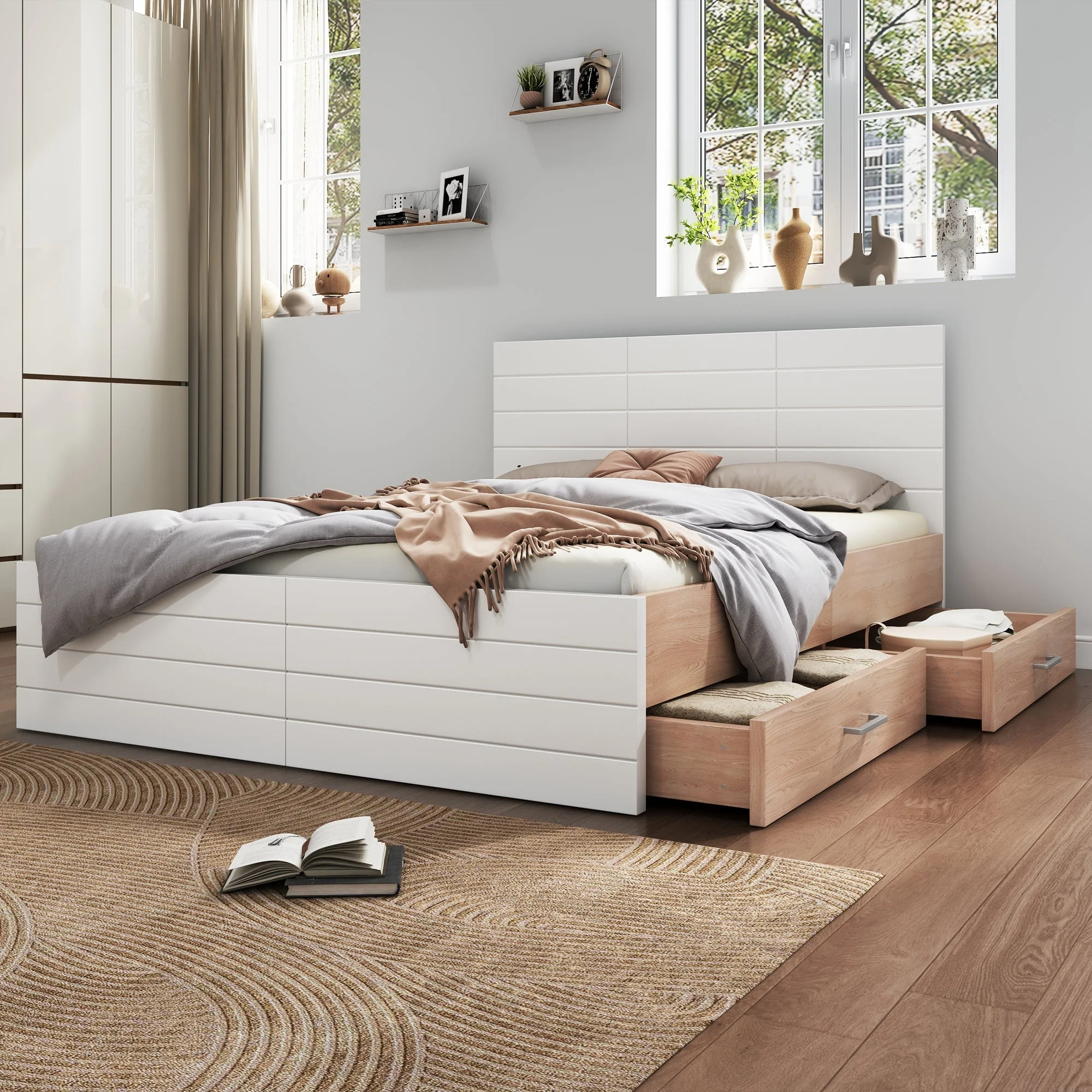 Double Wooden Bed, 180x200cm with 2 Drawers & Slatted Frame, Oak/White - Image 8