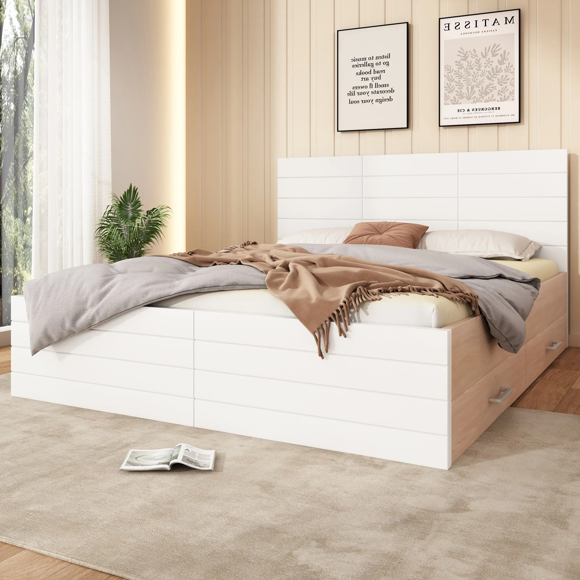 Double Wooden Bed, 180x200cm with 2 Drawers & Slatted Frame, Oak/White - Image 9