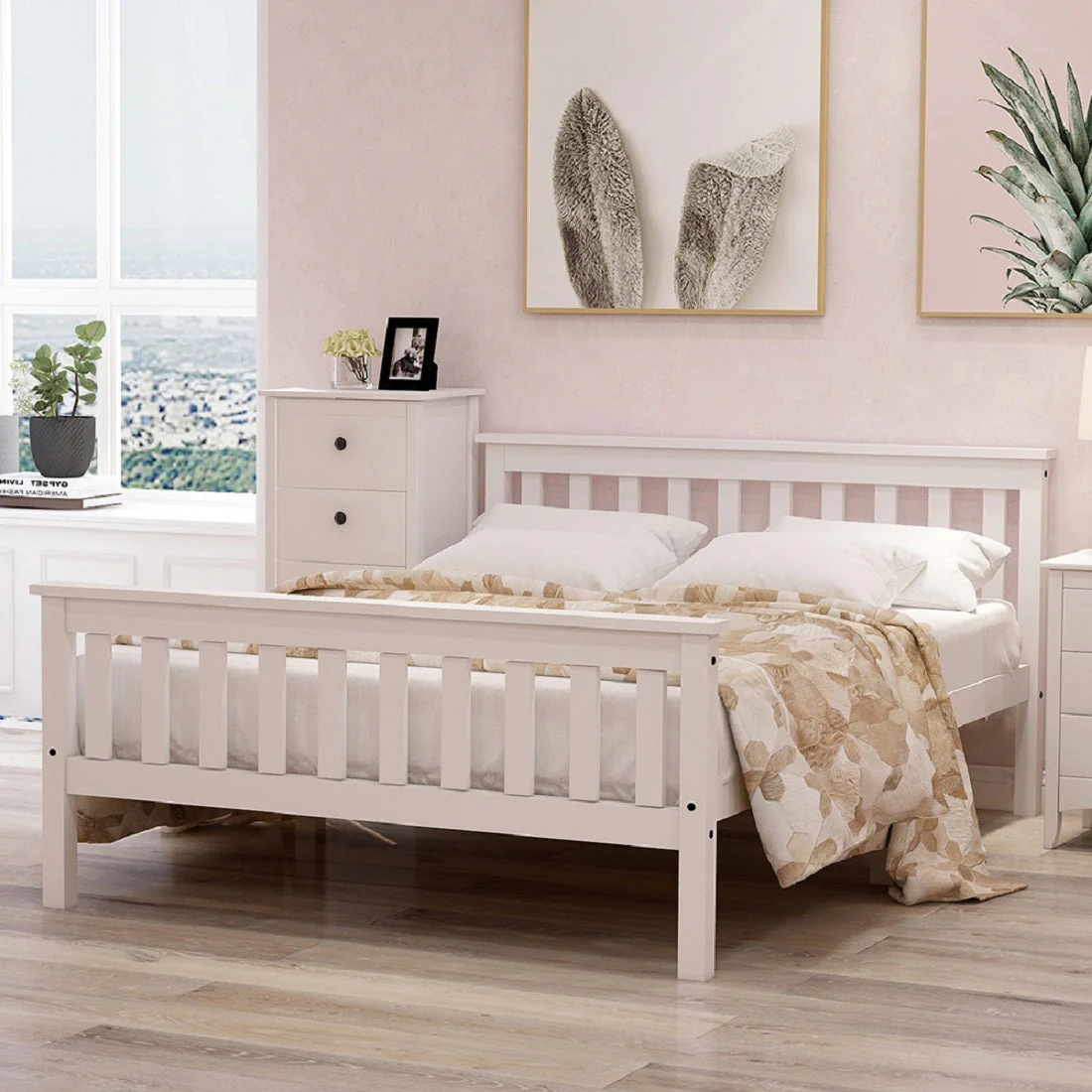 Double wooden bed with slatted frame for adults children teenagers white - Image 11