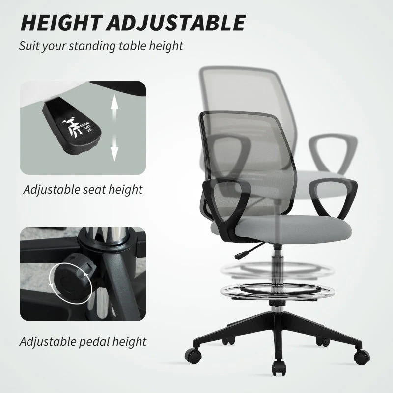 Draughtsman Office Chair with Footrest, Light Grey - Image 6