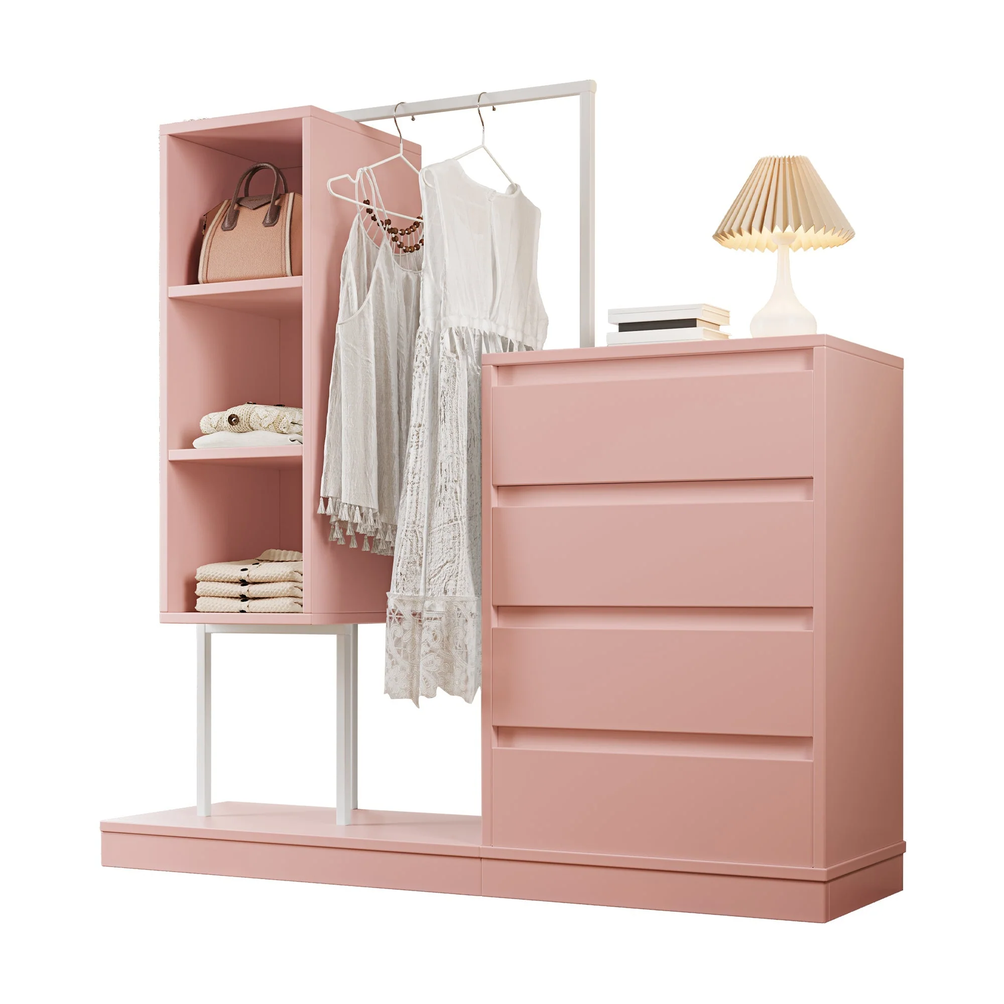 Drawer Cabinet Wardrobe Set, Sideboard Clothes Rail W140/W40/H135, Pink - Image 10