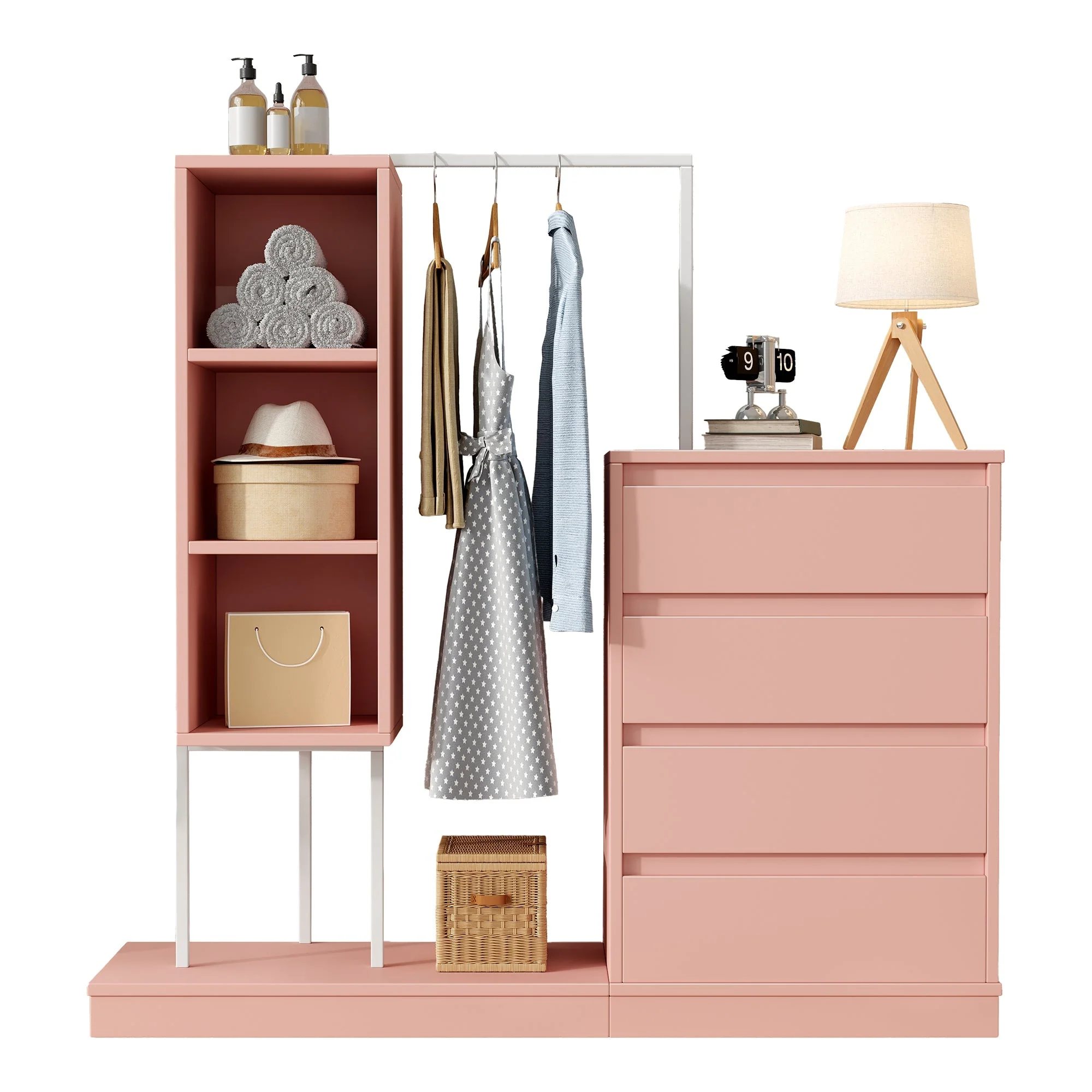 Drawer Cabinet Wardrobe Set, Sideboard Clothes Rail W140/W40/H135, Pink - Image 7