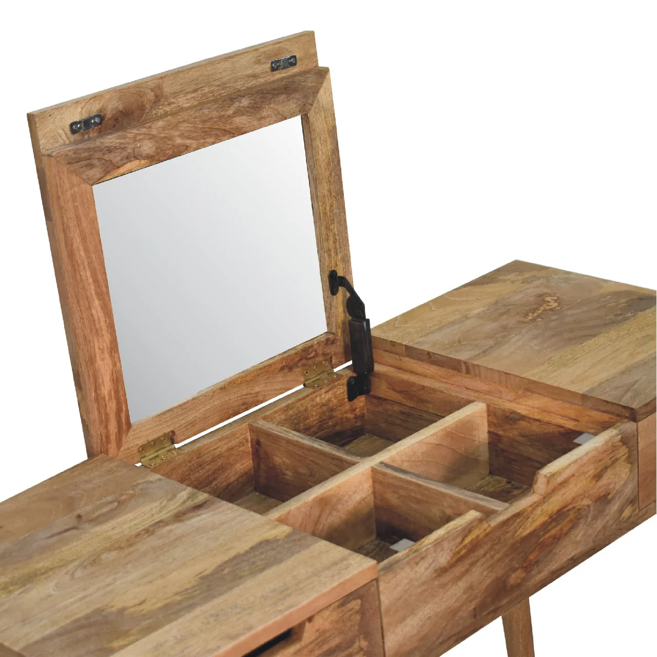 Dressing Table, 2 Drawers 4 Storage Mirror, Solid Wood Brown - Image 4