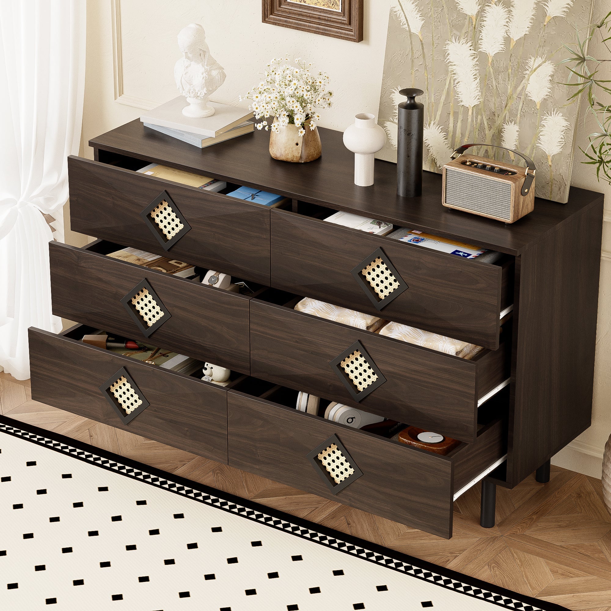 Dressing Table, 6-Drawer with Rattan Handle, Elegant for Bedroom & Living Room - Image 4