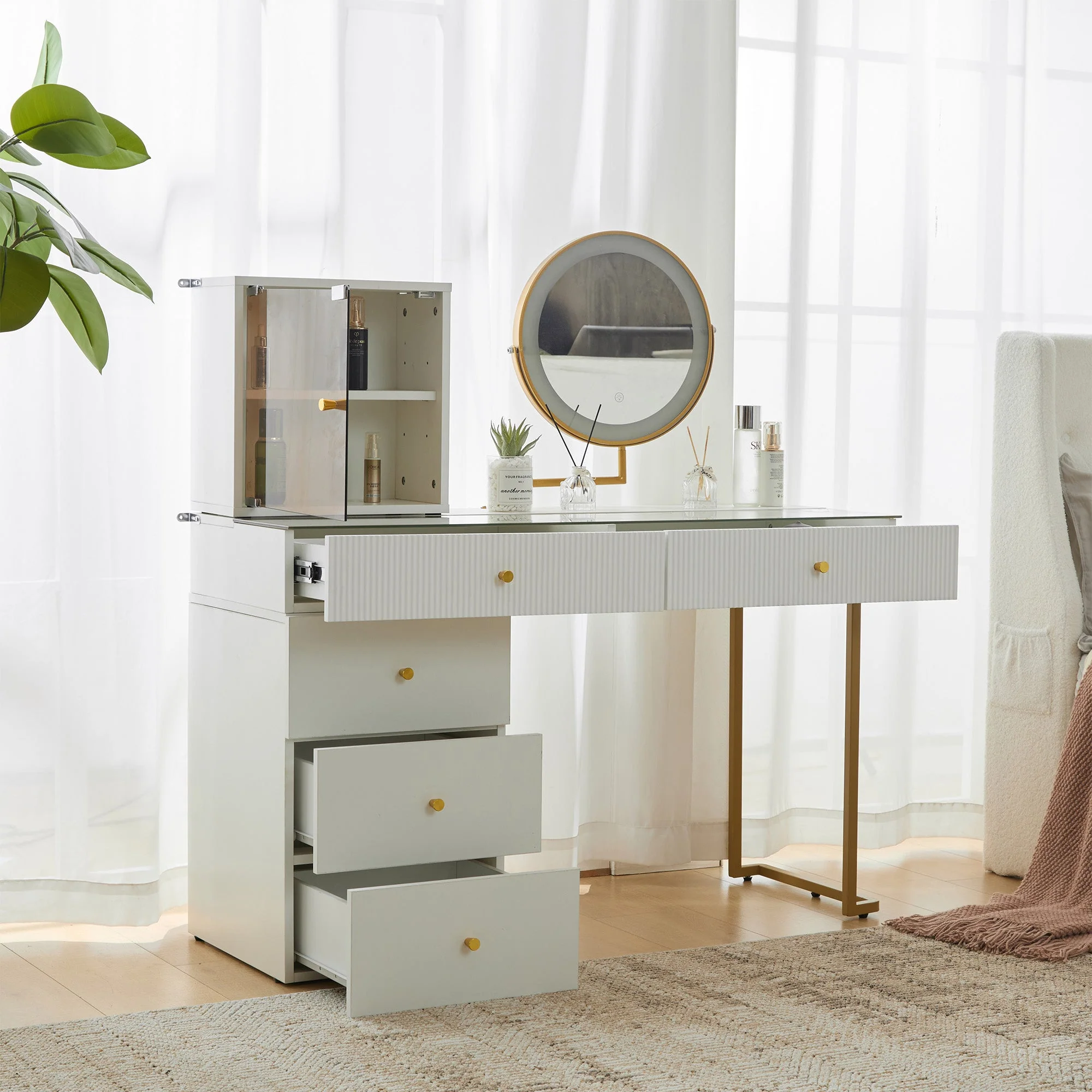 Dressing table set with LED-illuminated mirror, transparent tempered glass tabletop, side cabinet, white - Image 3