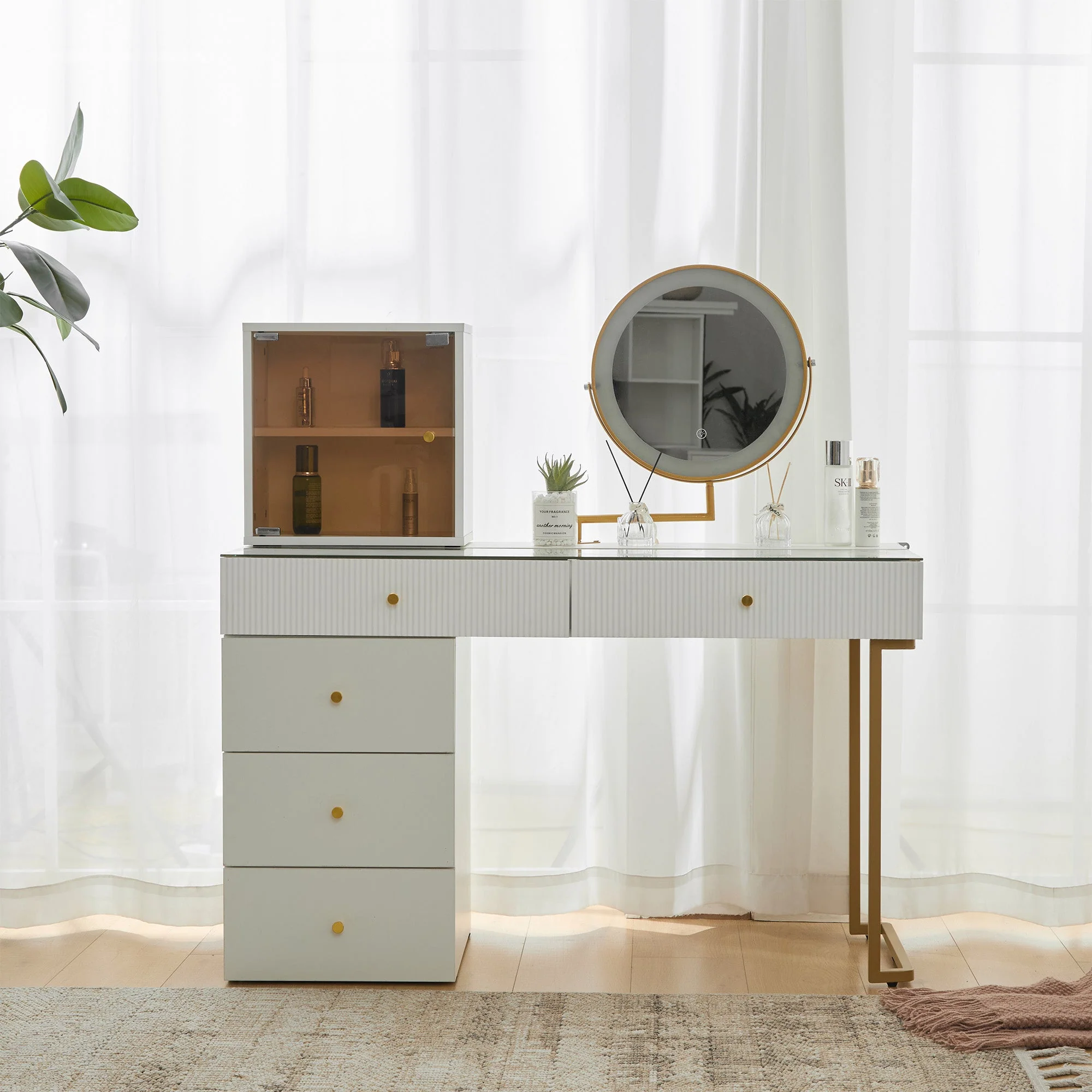 Dressing table set with LED-illuminated mirror, transparent tempered glass tabletop, side cabinet, white - Image 4