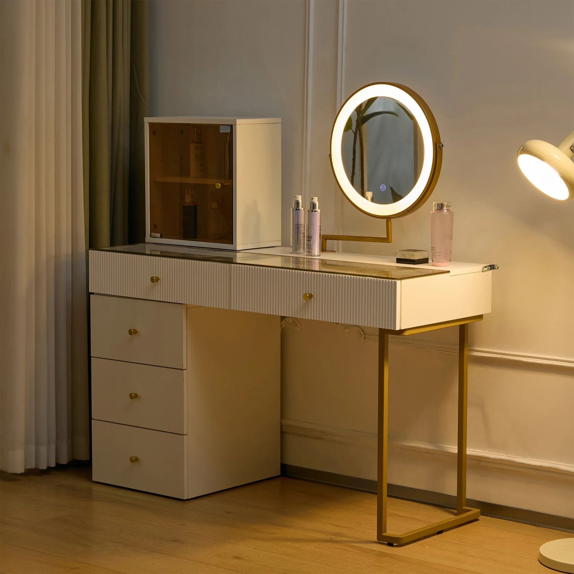 Dressing table set with LED-illuminated mirror, transparent tempered glass tabletop, side cabinet, white - Image 9