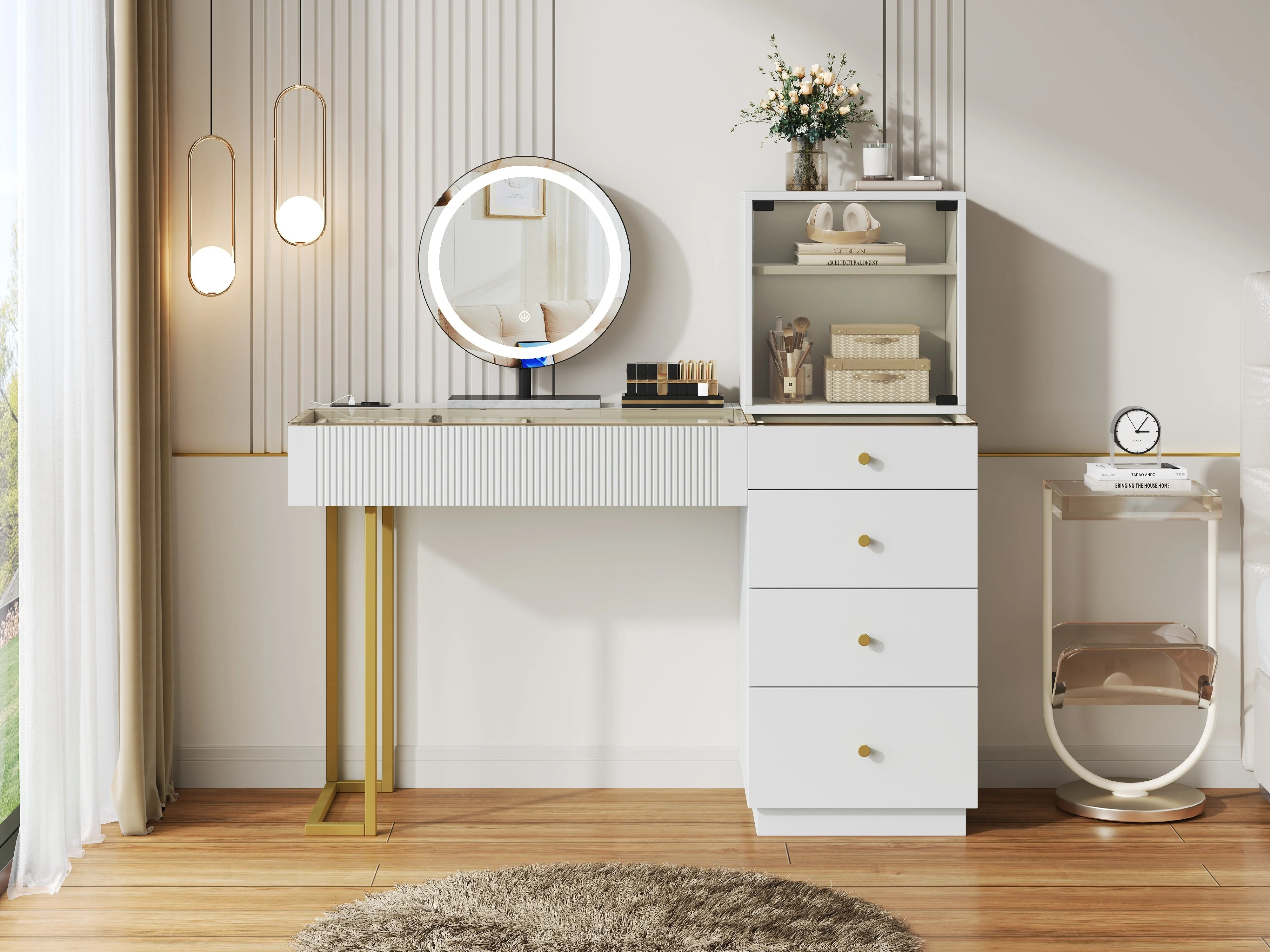 Dressing Table Set with LED Mirror and Glass Top, White - Image 4
