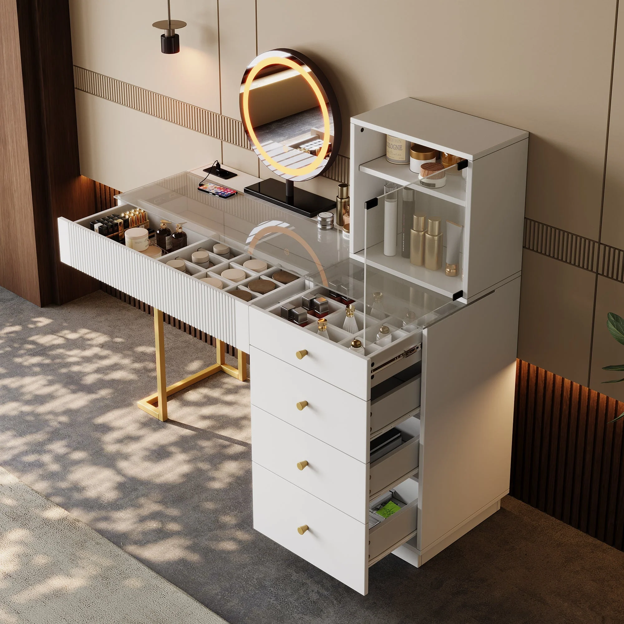 Dressing Table Set with LED Mirror and Glass Top, White - Image 8