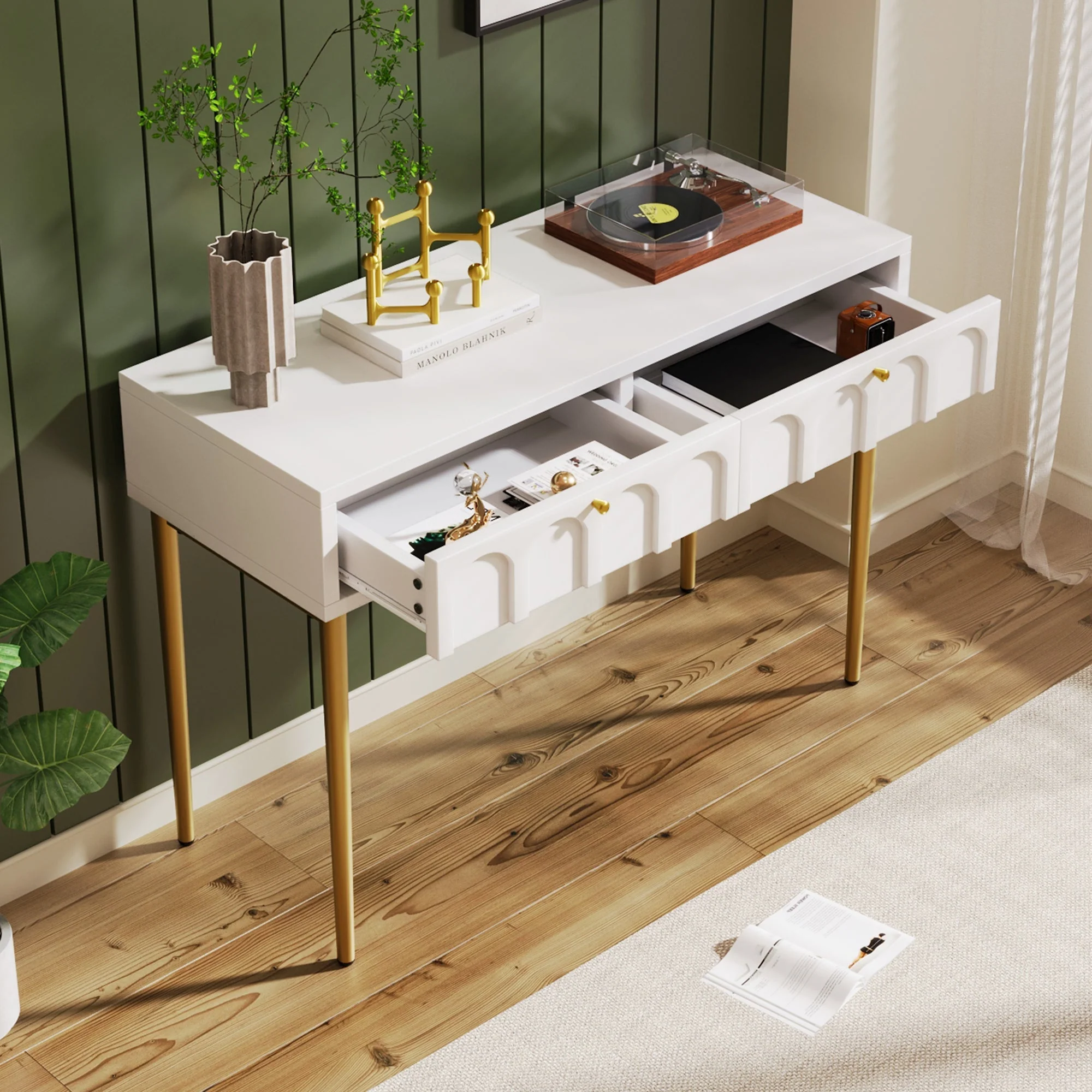 Dressing Table with 2 Drawers 76.5cm High, Cream-White Particle Board - Image 4