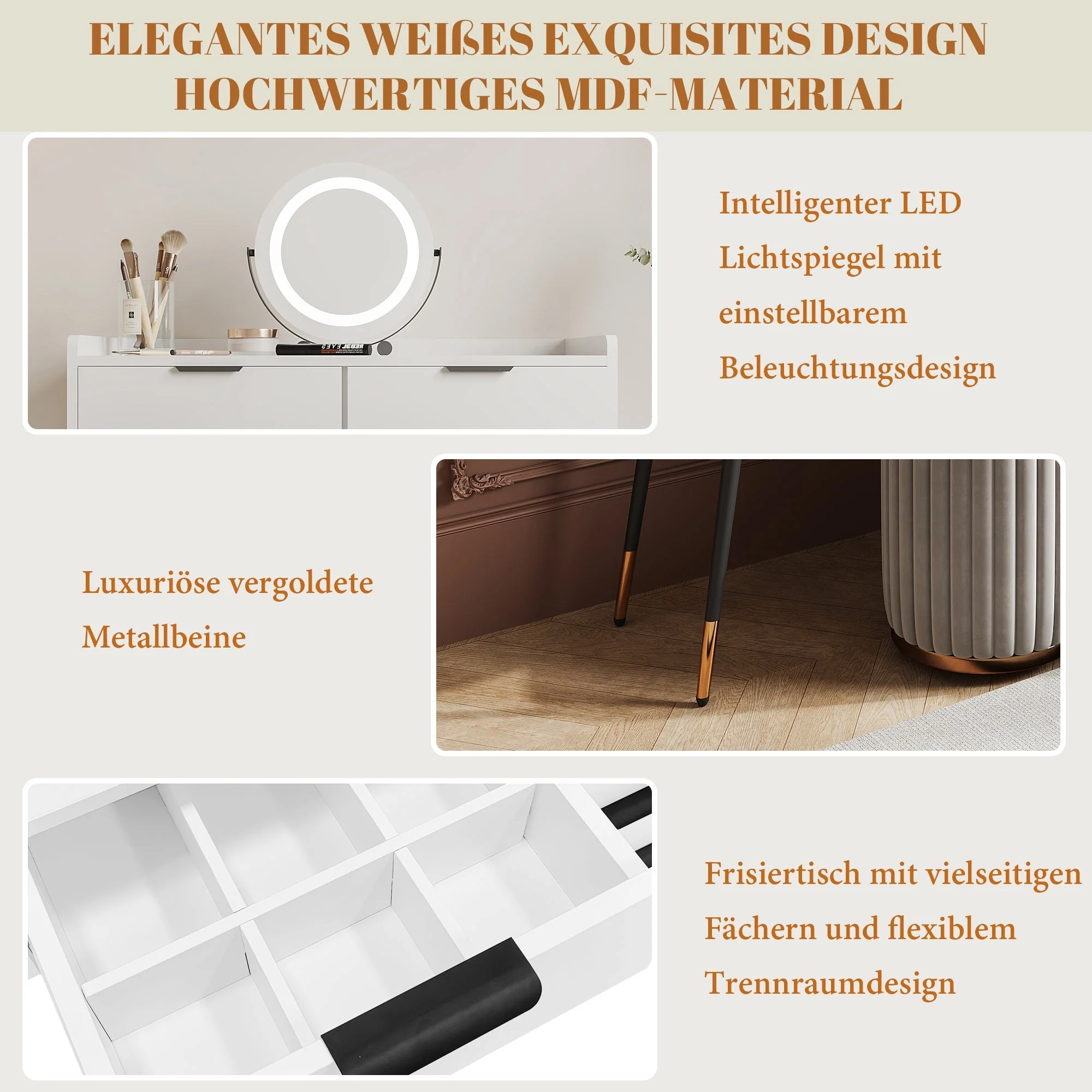 Dressing Table with Adjustable LED Mirror, 5 Drawers and Pull-out Side Cabinets, White Wood - Image 5