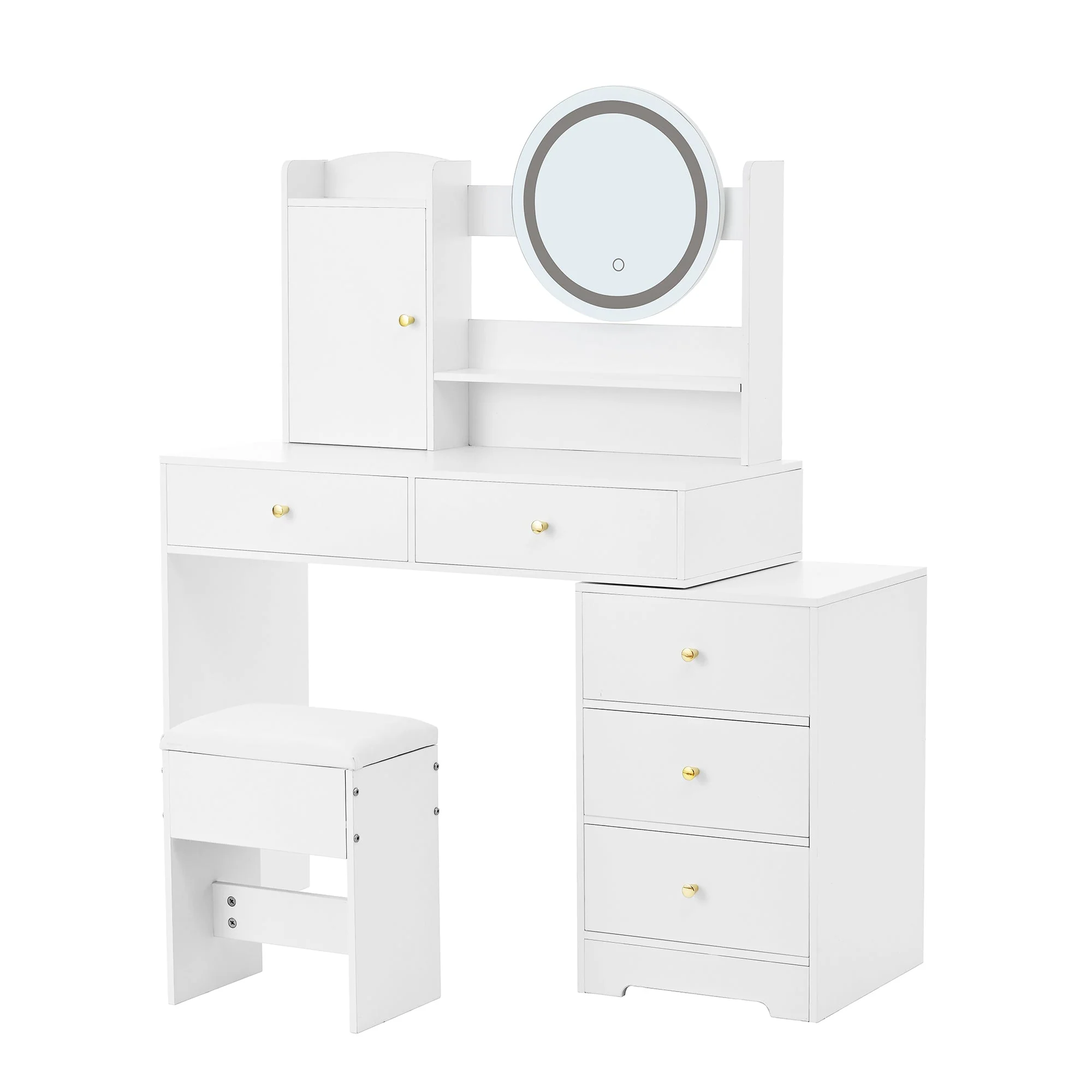 Dressing Table with Dimmable LED Lighting, Integrated Outlets, Mirror, Stool, 5 Drawers, Door Compartment, White - Image 12