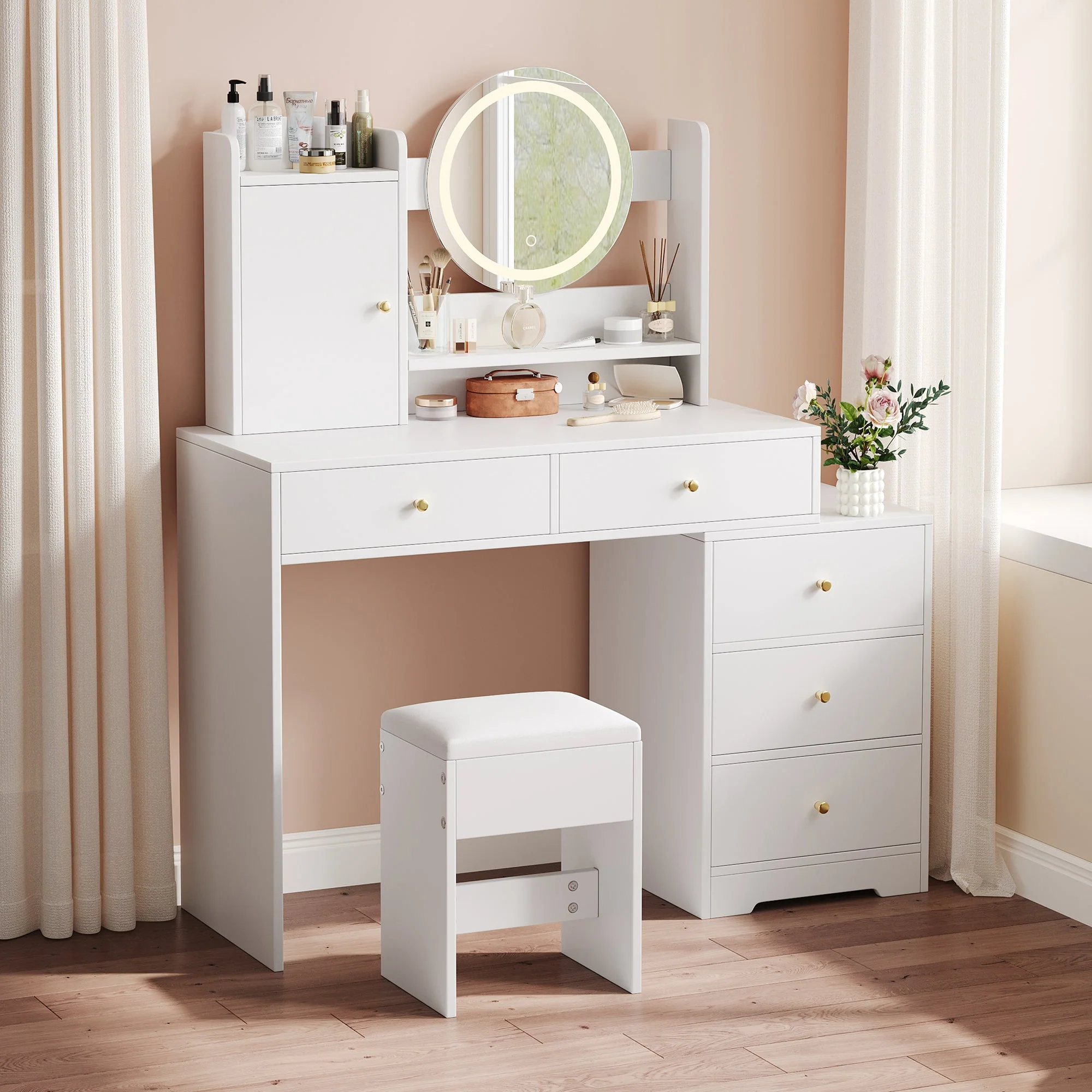 Dressing Table with Dimmable LED Lighting, Integrated Outlets, Mirror, Stool, 5 Drawers, Door Compartment, White - Image 3