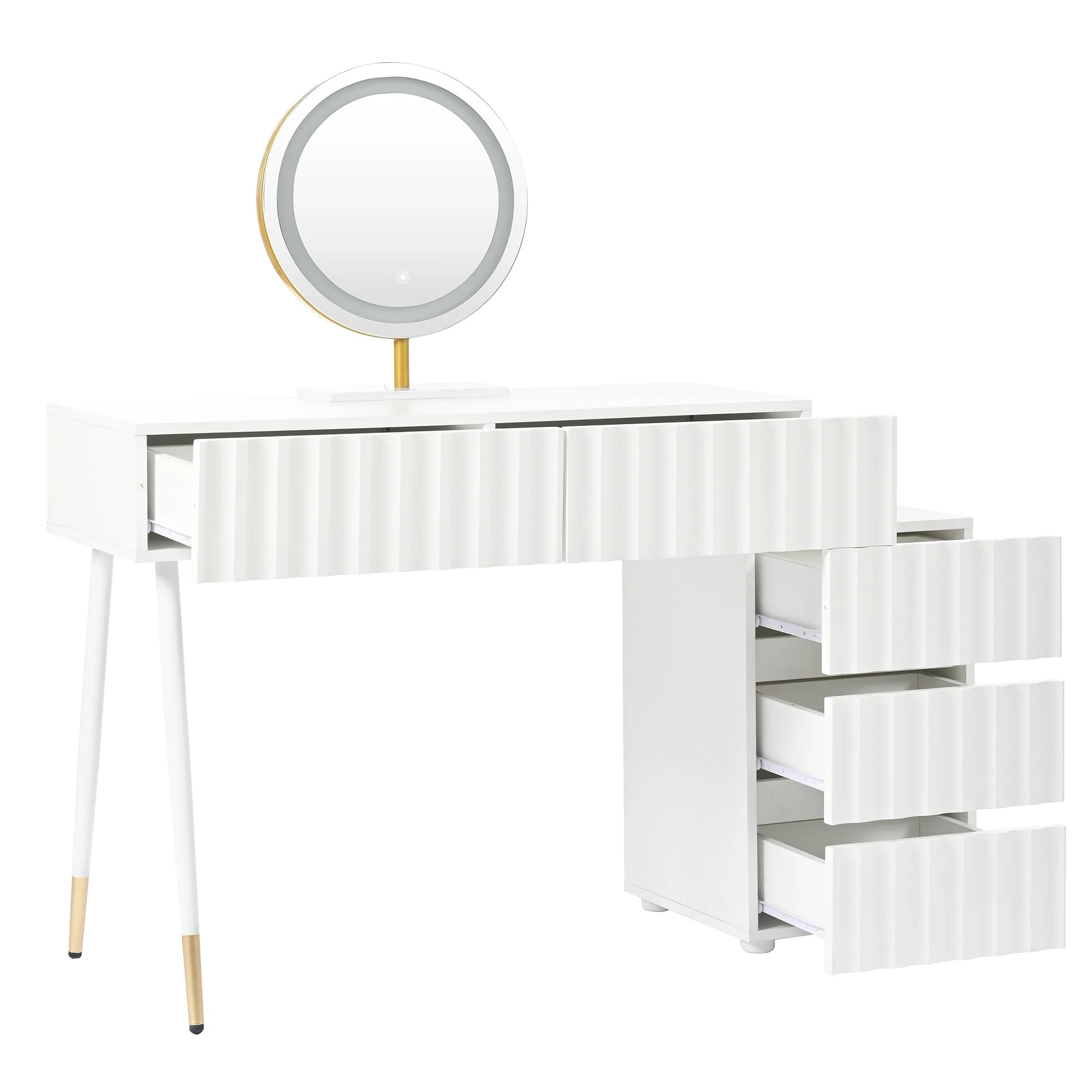 Dressing table with LED mirror and lighting, 5 spacious drawers, white - Image 11