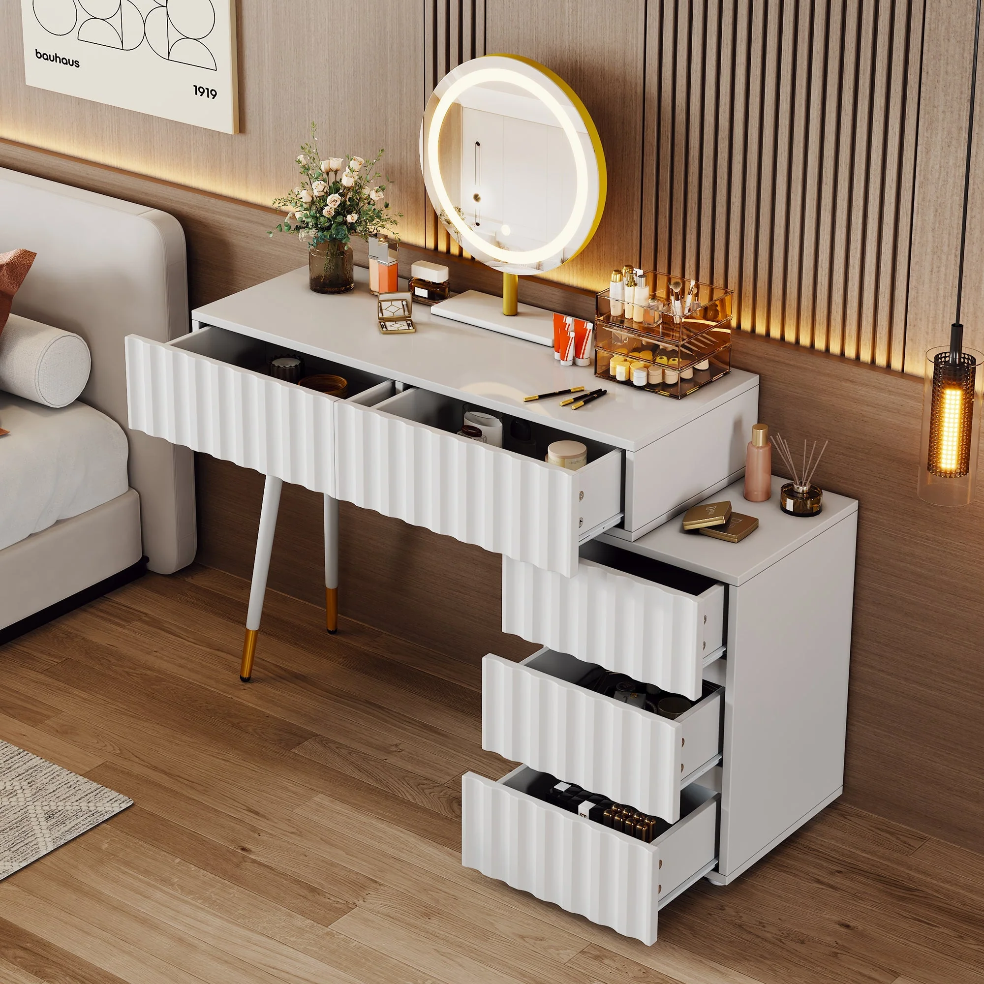 Dressing table with LED mirror and lighting, 5 spacious drawers, white - Image 2
