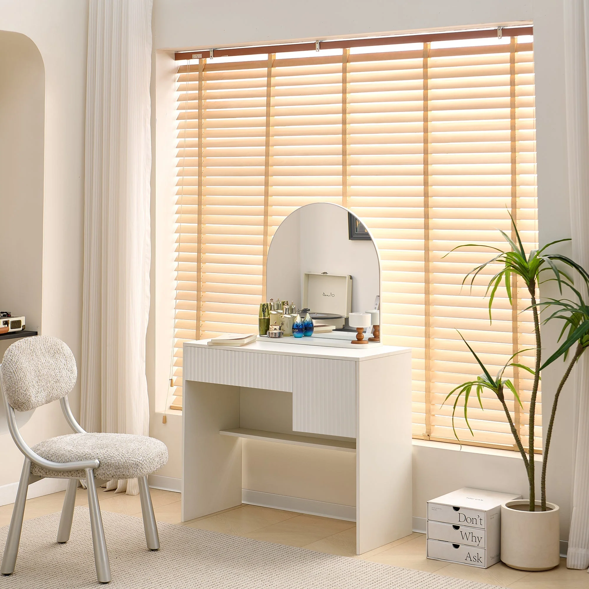 Dressing Table with Mirror, Drawers & Open Shelves - White - Image 10
