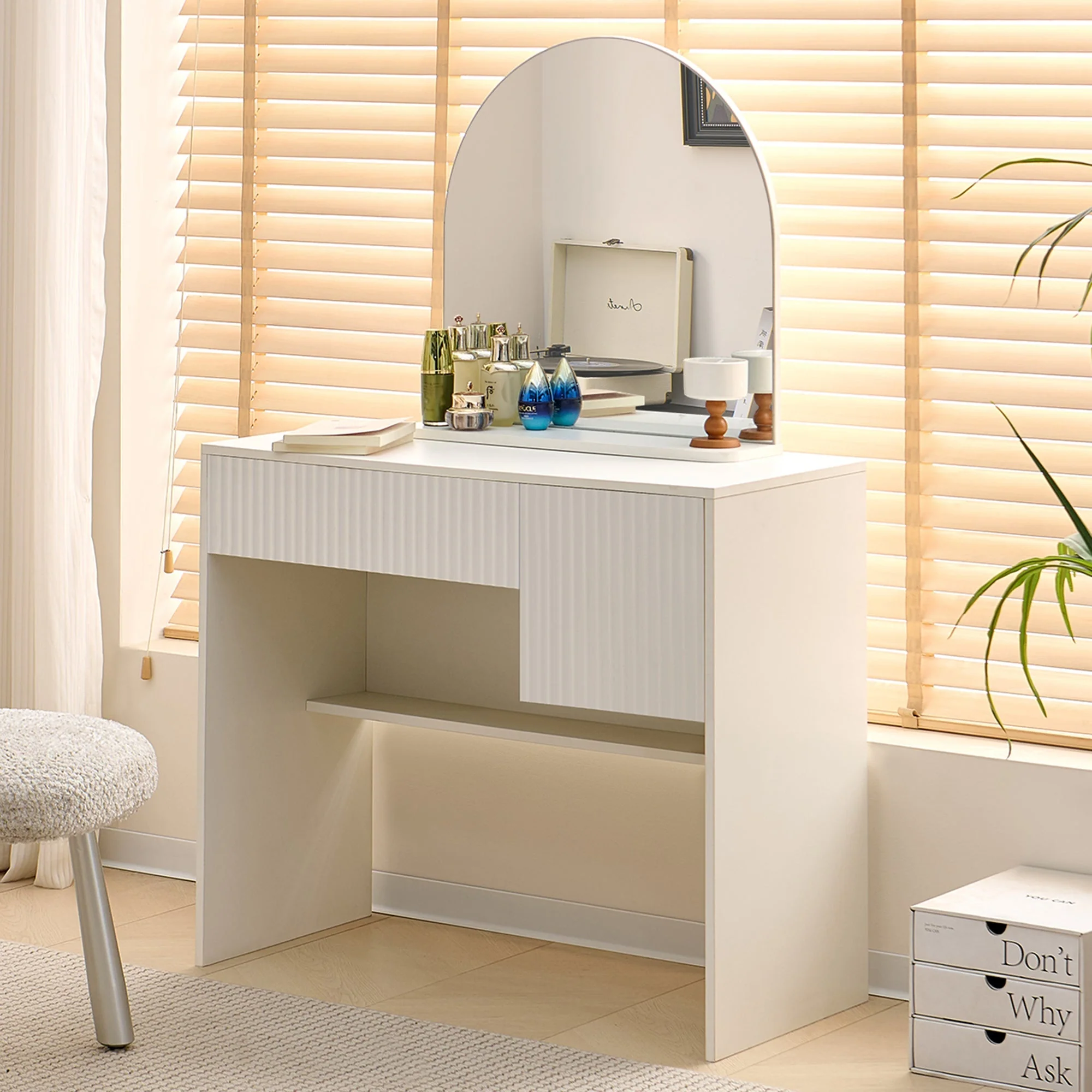 Dressing Table with Mirror, Drawers & Open Shelves - White - Image 9