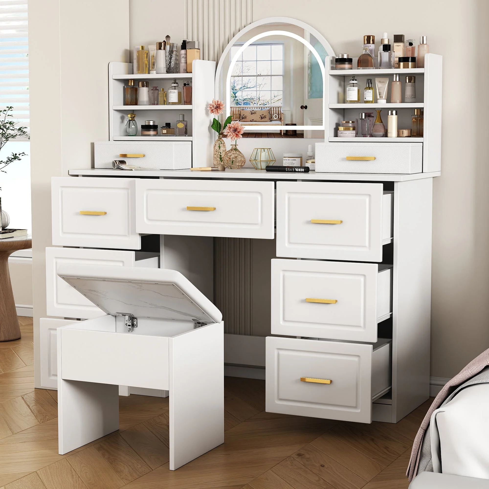 Dressing table with mirror, LED lighting, 9 drawers, white - Image 2