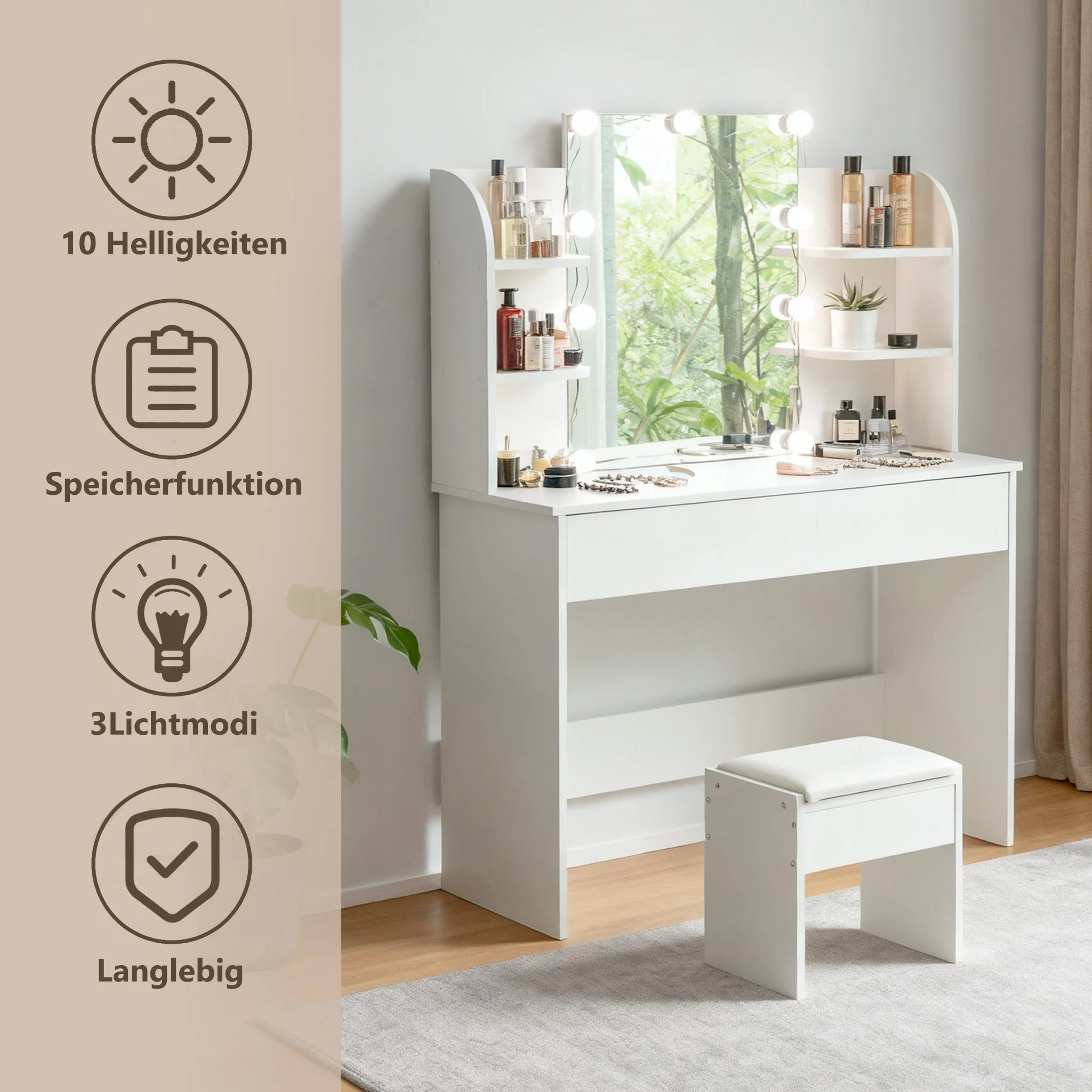 Dressing Table with Stool, LED Lighted Mirror, White - Image 4