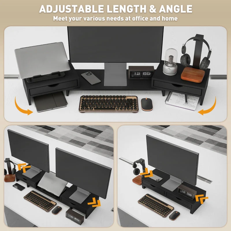 Dual Monitor Stand Riser with 2 Drawers Adjustable Length and Angle, Black - Image 4
