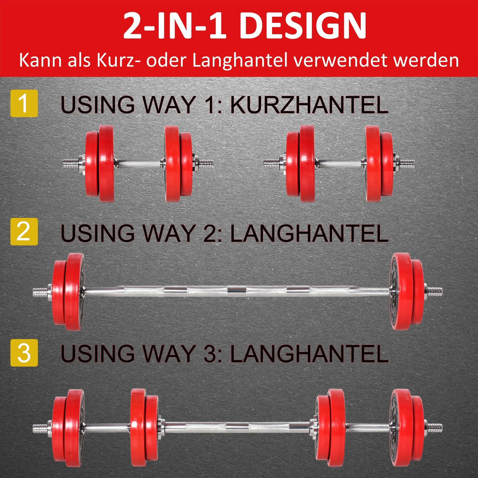 Dumbbell Set 20KGS 2-IN-1 Adjustable Dumbbells & Barbells, Red Black - Image 4