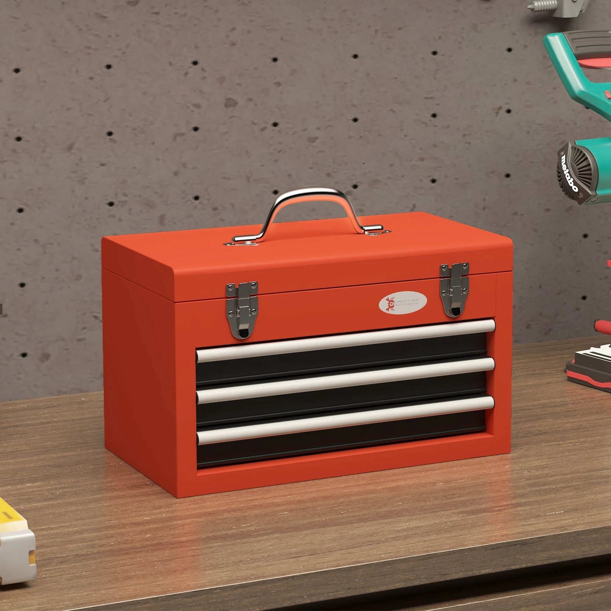 DURHAND empty tool box, 45 x 24 x 27 cm, 3 drawers, steel, red - Image 2