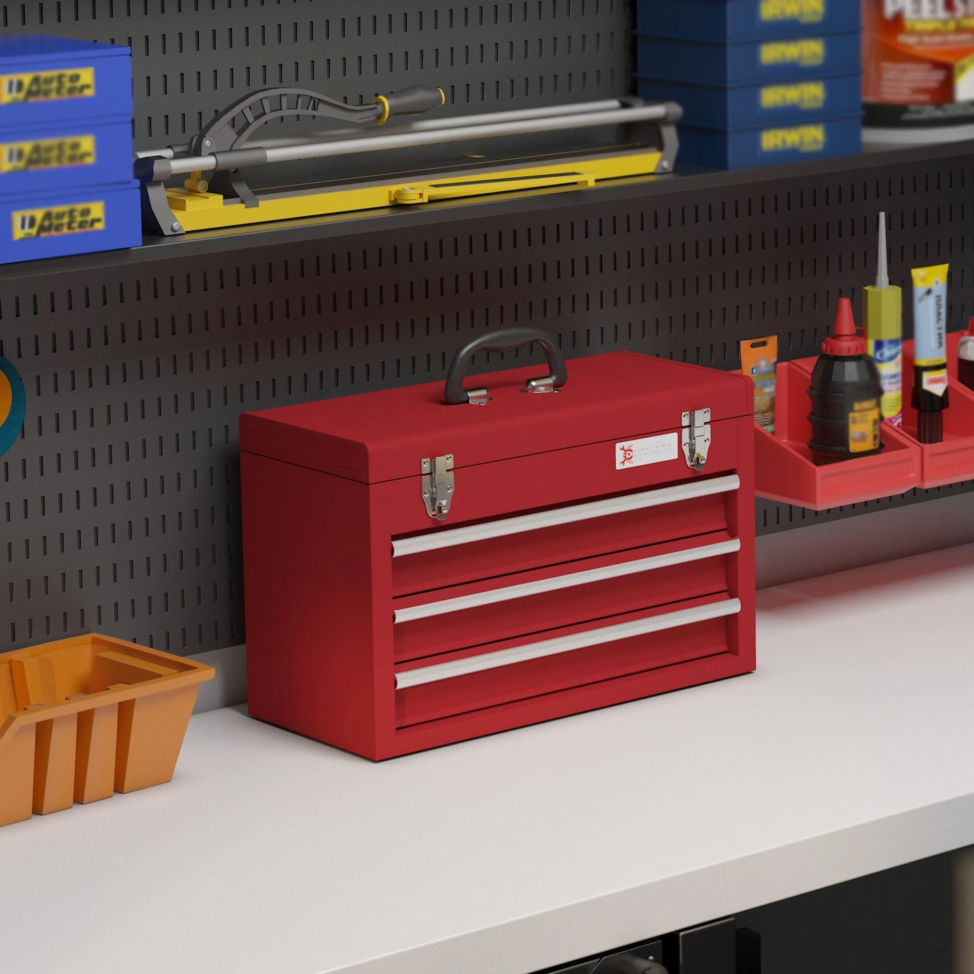 DURHAND empty tool case with 3 drawers and upper storage compartment, steel, red - Image 2