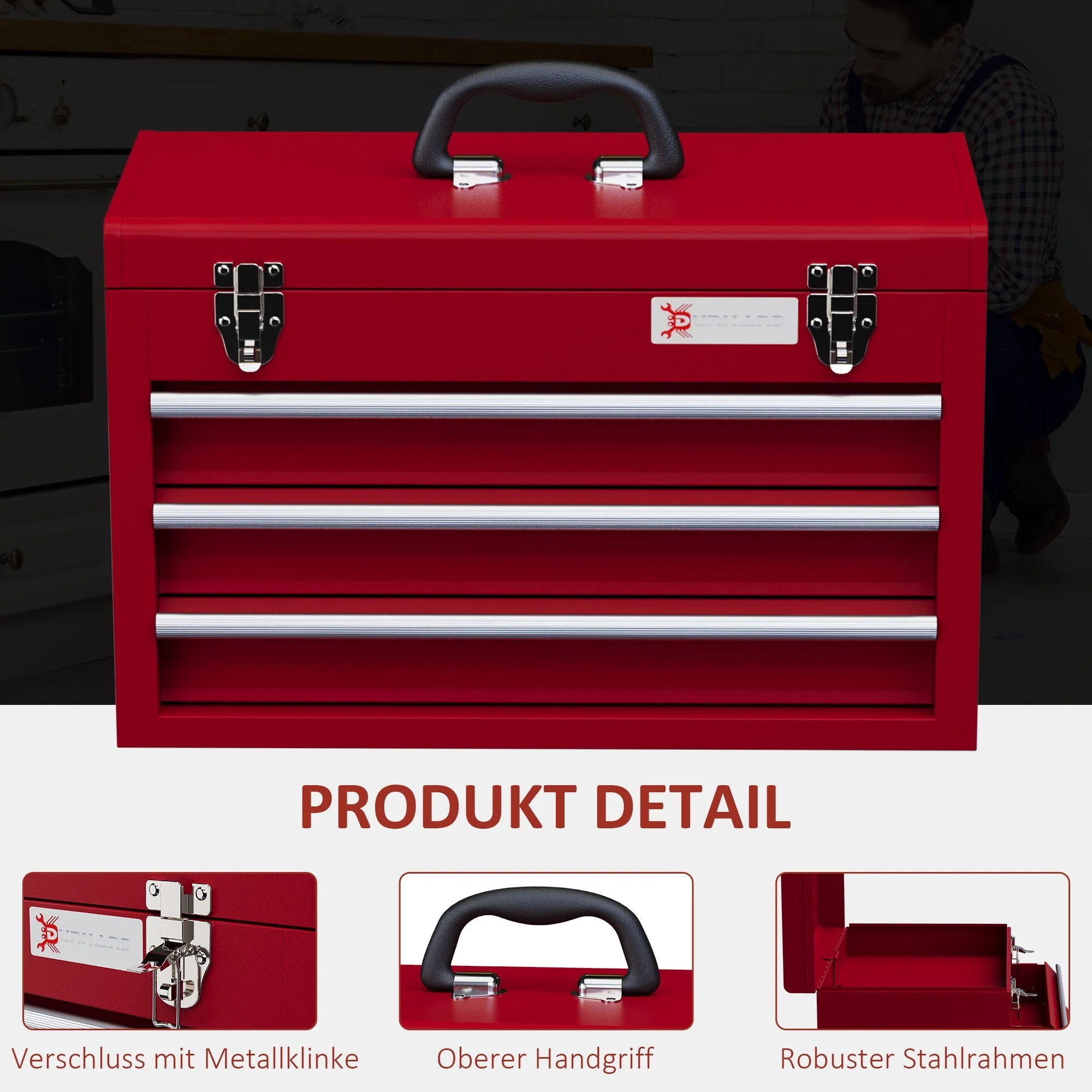 DURHAND empty tool case with 3 drawers and upper storage compartment, steel, red - Image 4