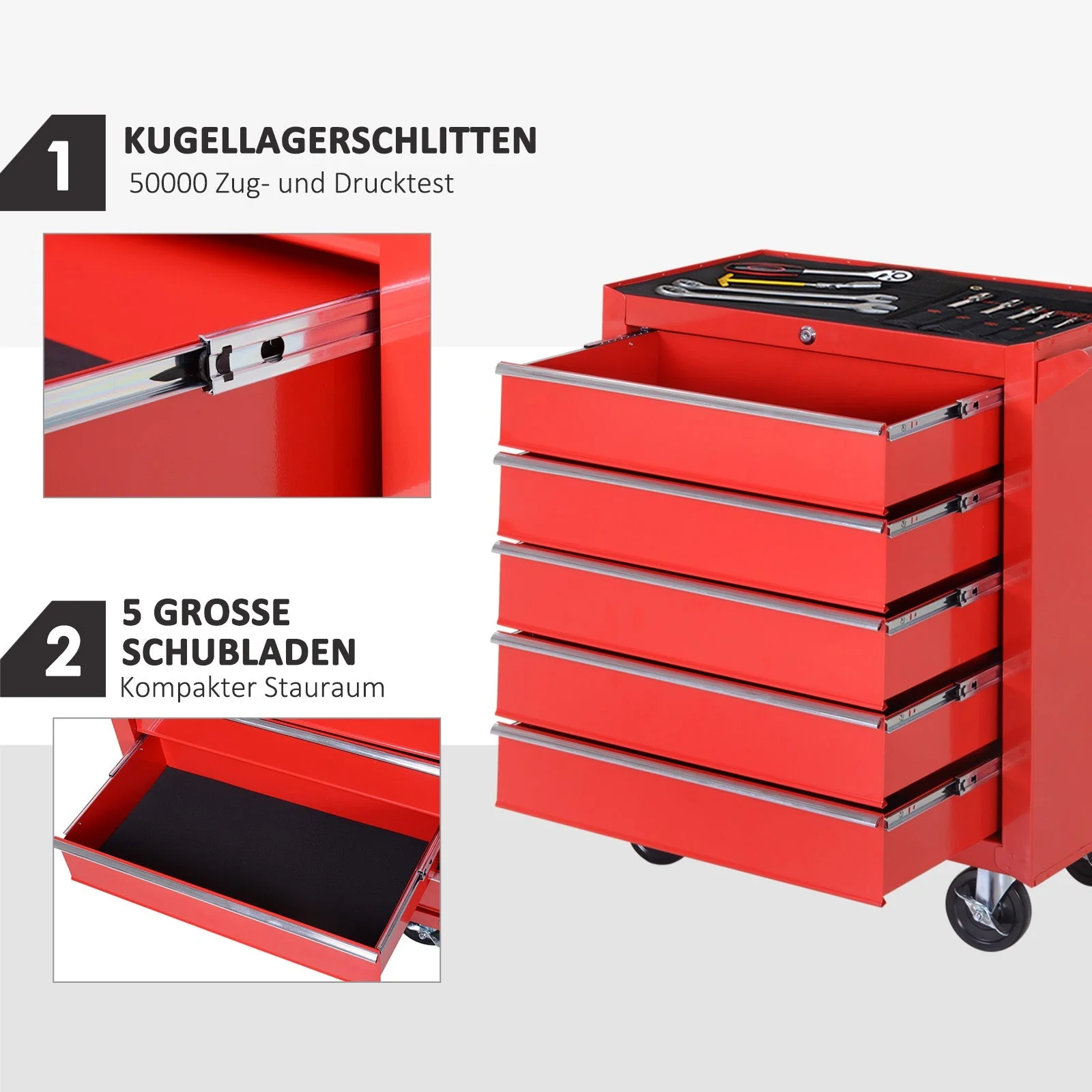 DURHAND Workshop Trolley, 5 Drawers, Lockable, Mobile, 150 kg, Steel Red - Image 4