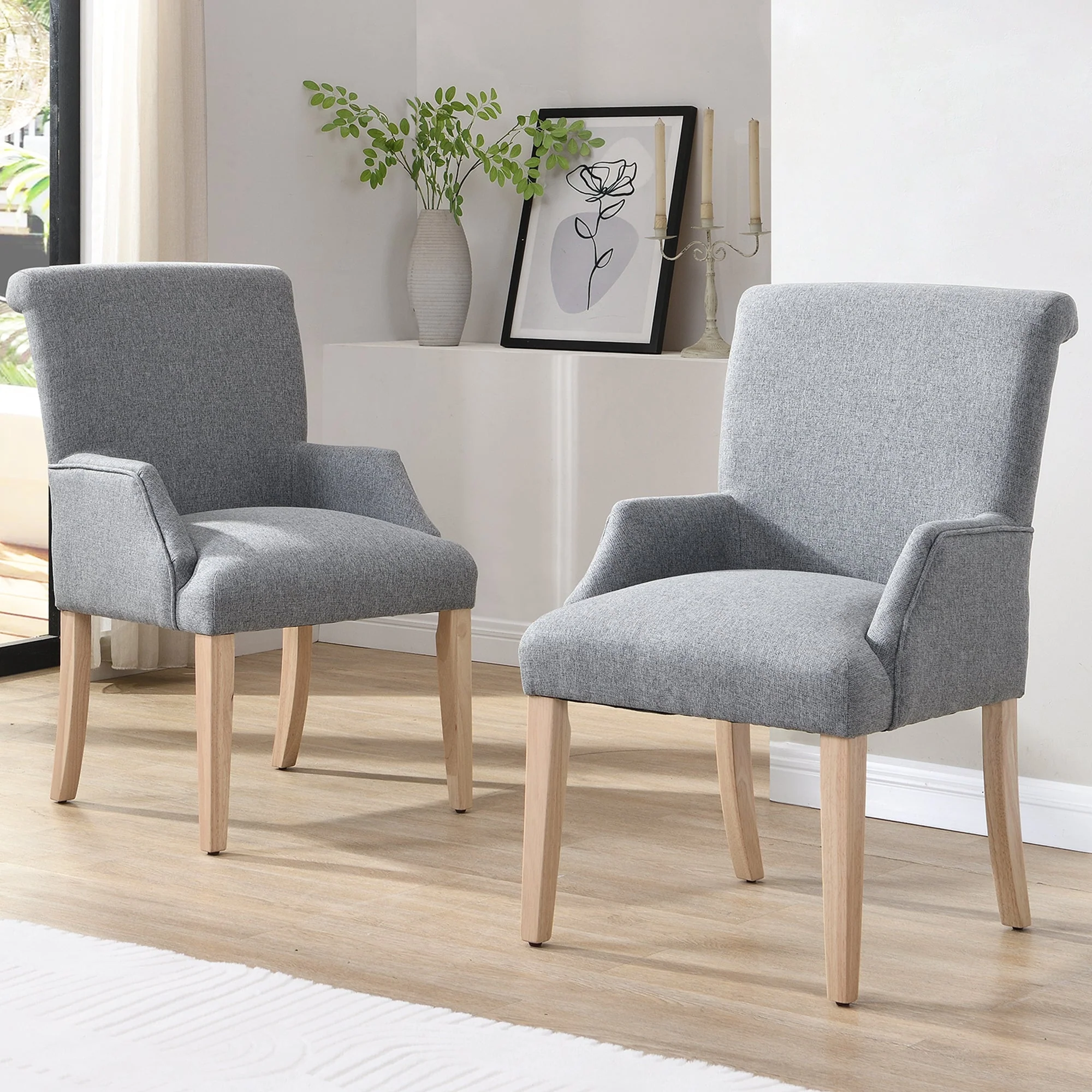 DyFun Dining Chairs Set of 2 with Armrests and Solid Wood Legs, Gray Linen - Image 2