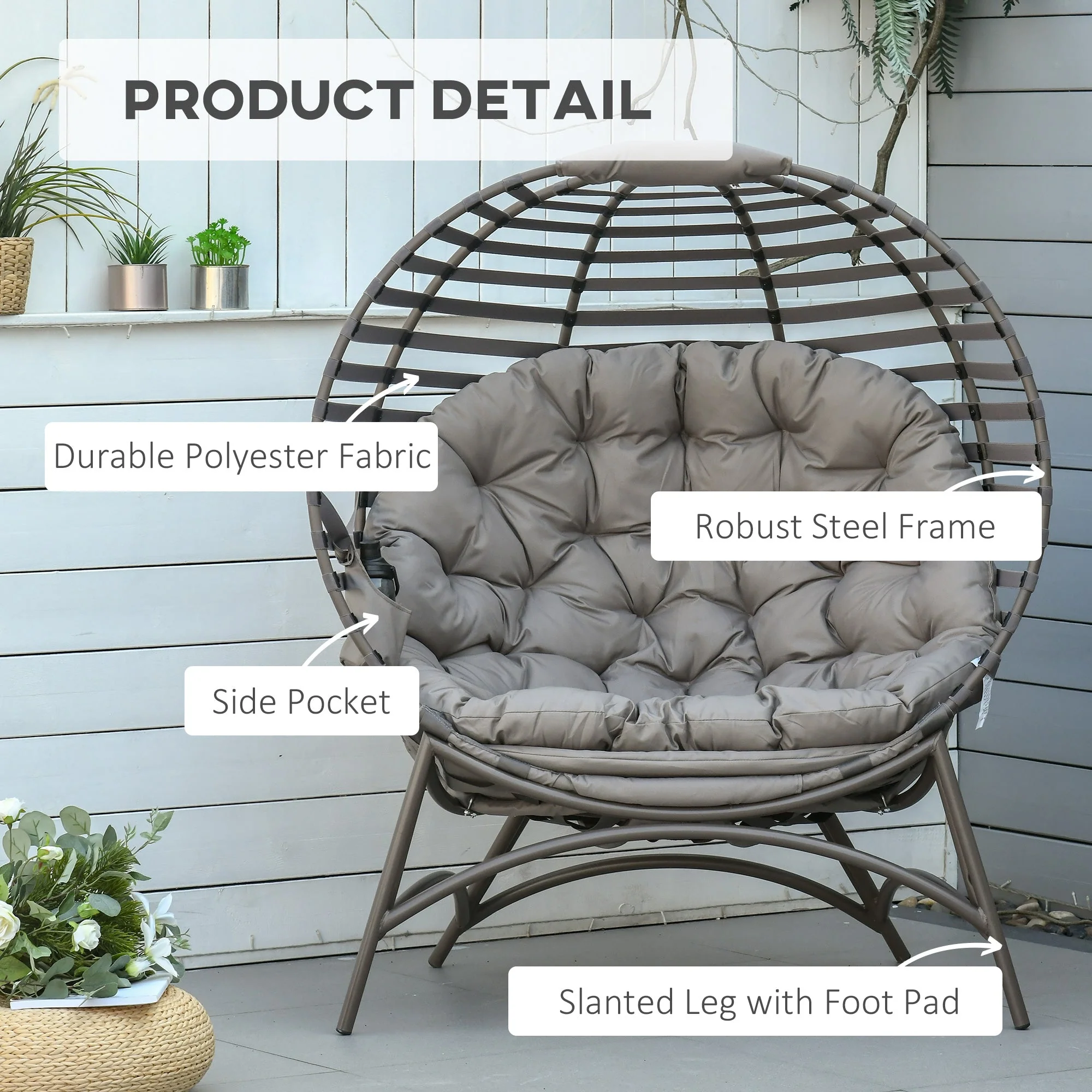 Egg Chair with Cushion and Side Pocket - Brown - Image 4