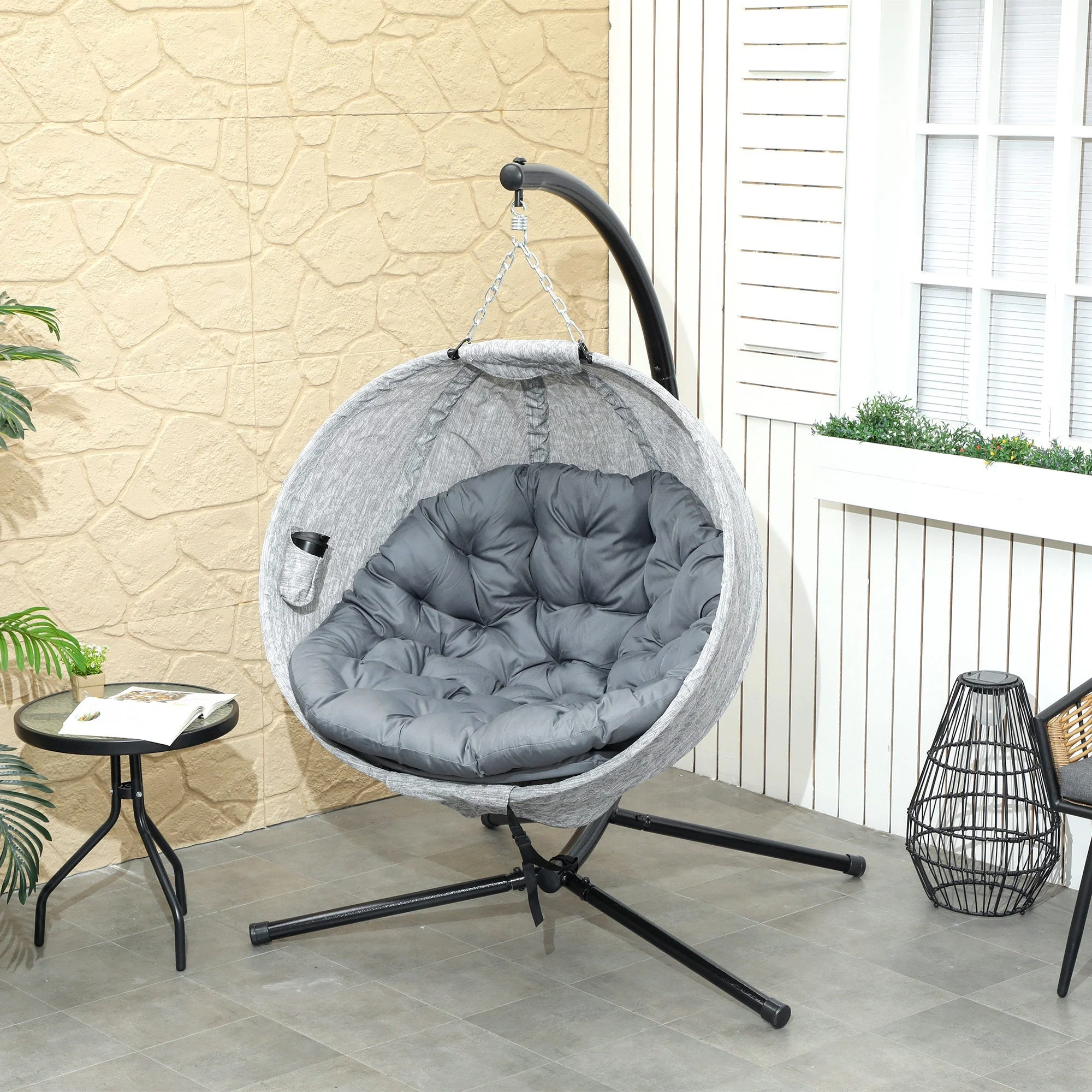 Egg-Shaped Outdoor Hanging Chair, Foldable Swing with Cup Holder, Gray - Image 2