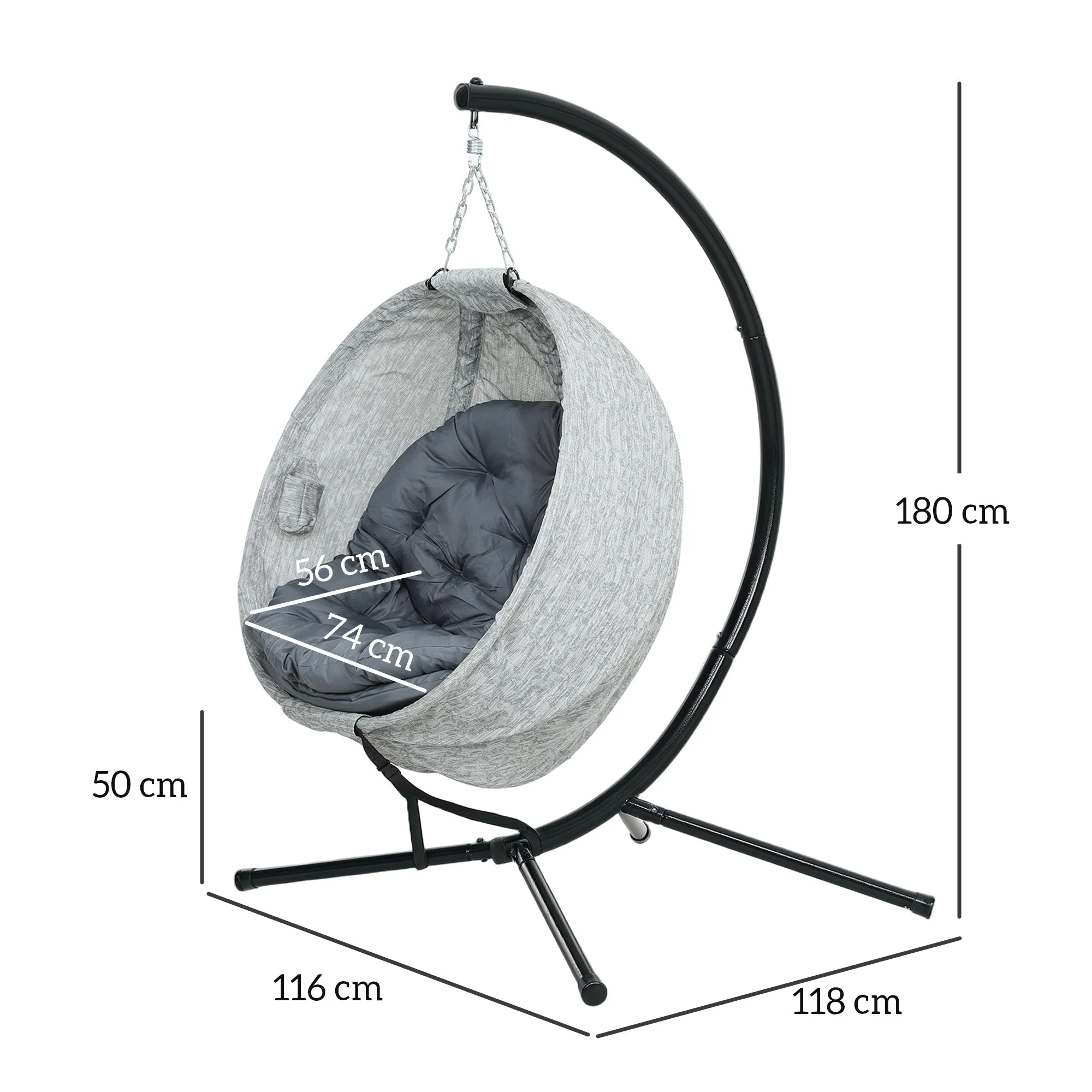 Egg-Shaped Outdoor Hanging Chair, Foldable Swing with Cup Holder, Gray - Image 3
