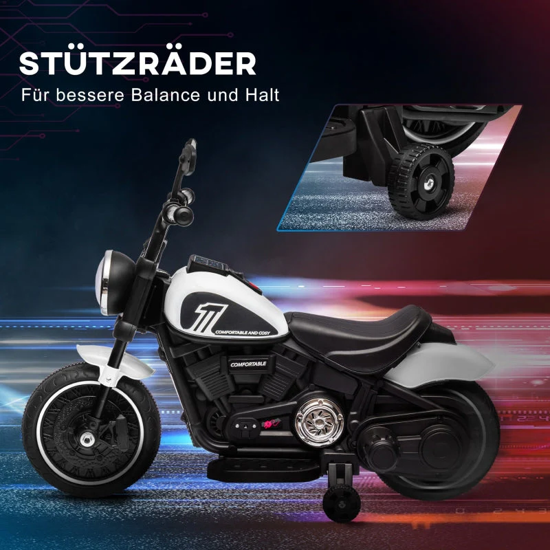 Electric Children's Motorcycle with LED Headlights and Removable Training Wheels, Black and White - Image 5