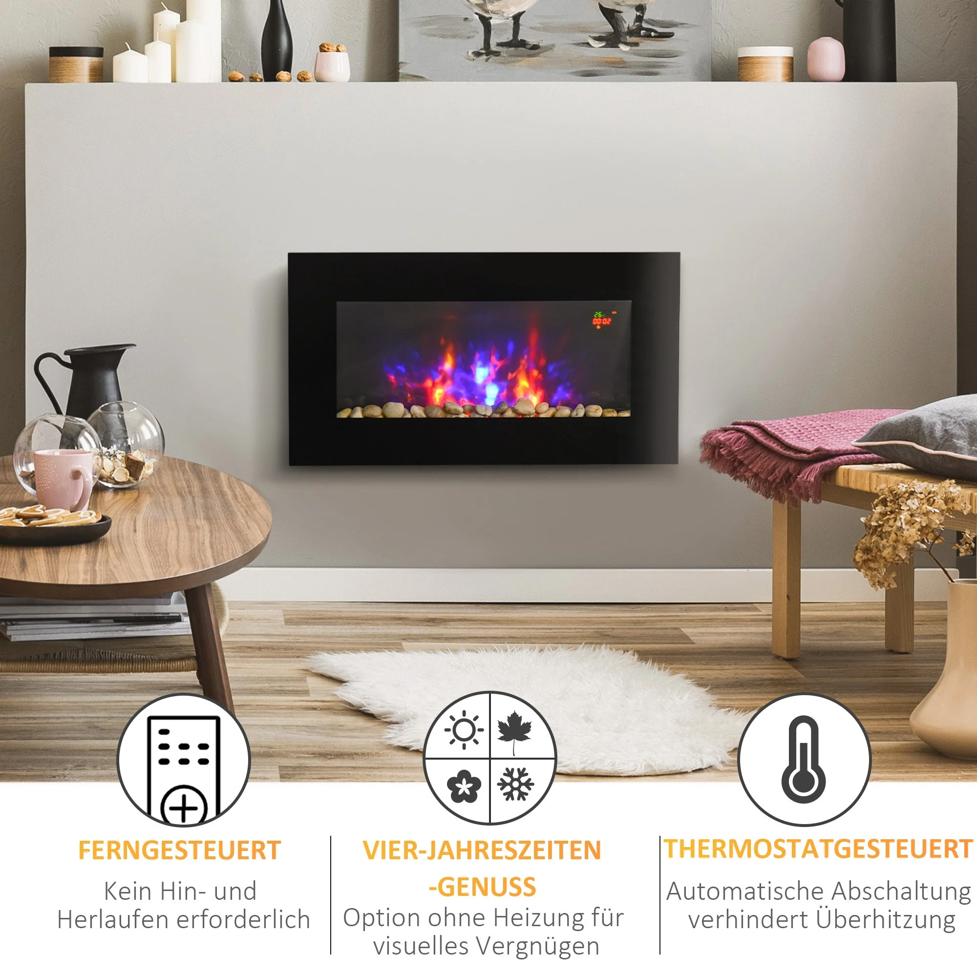 Electric Fireplace, LED Flame Effect 1000/2000W 7 Colors Remote Control Wall-Mounted, Black - Image 4