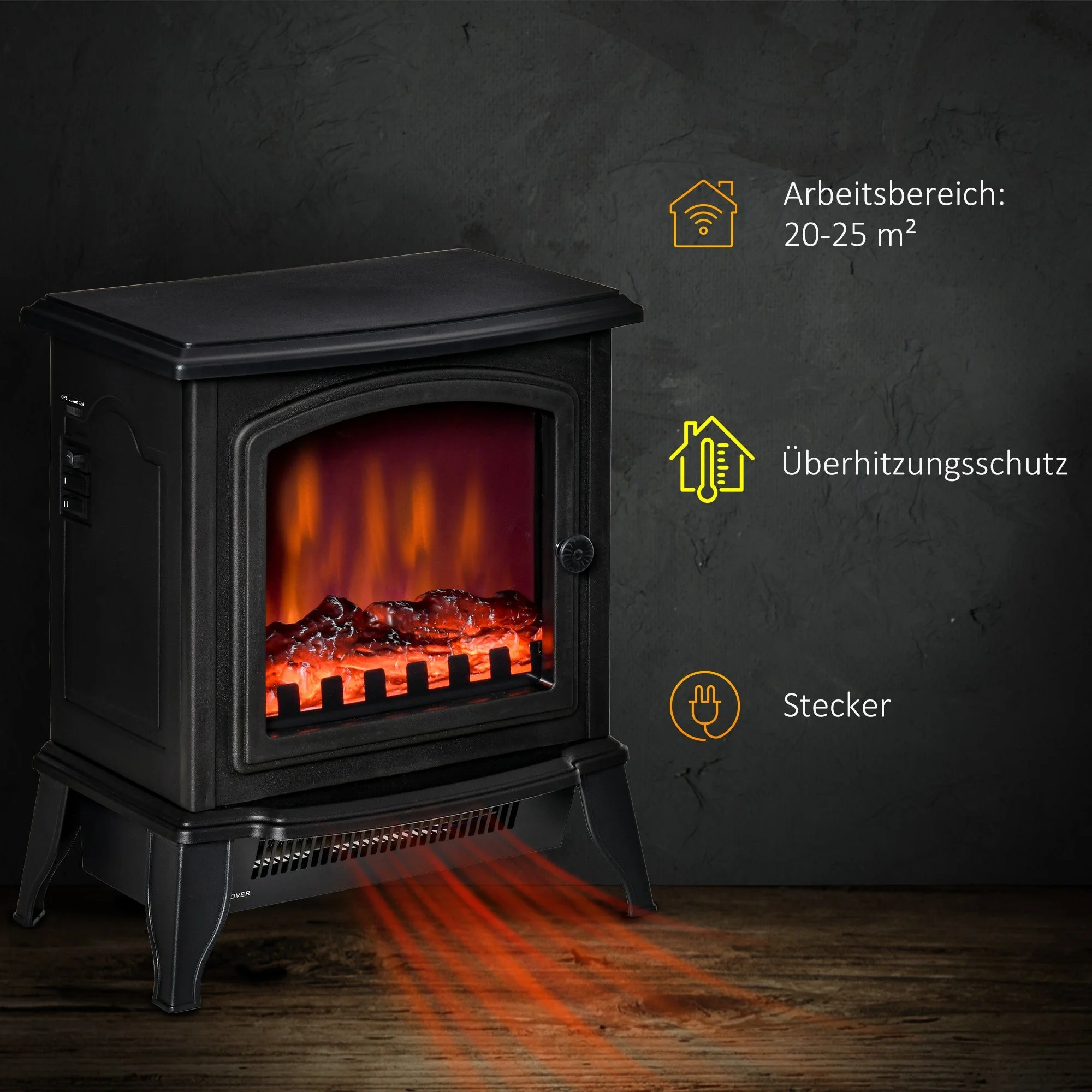 Electric Fireplace, LED Flame Effect, 2000W, Metal, Black - Image 6