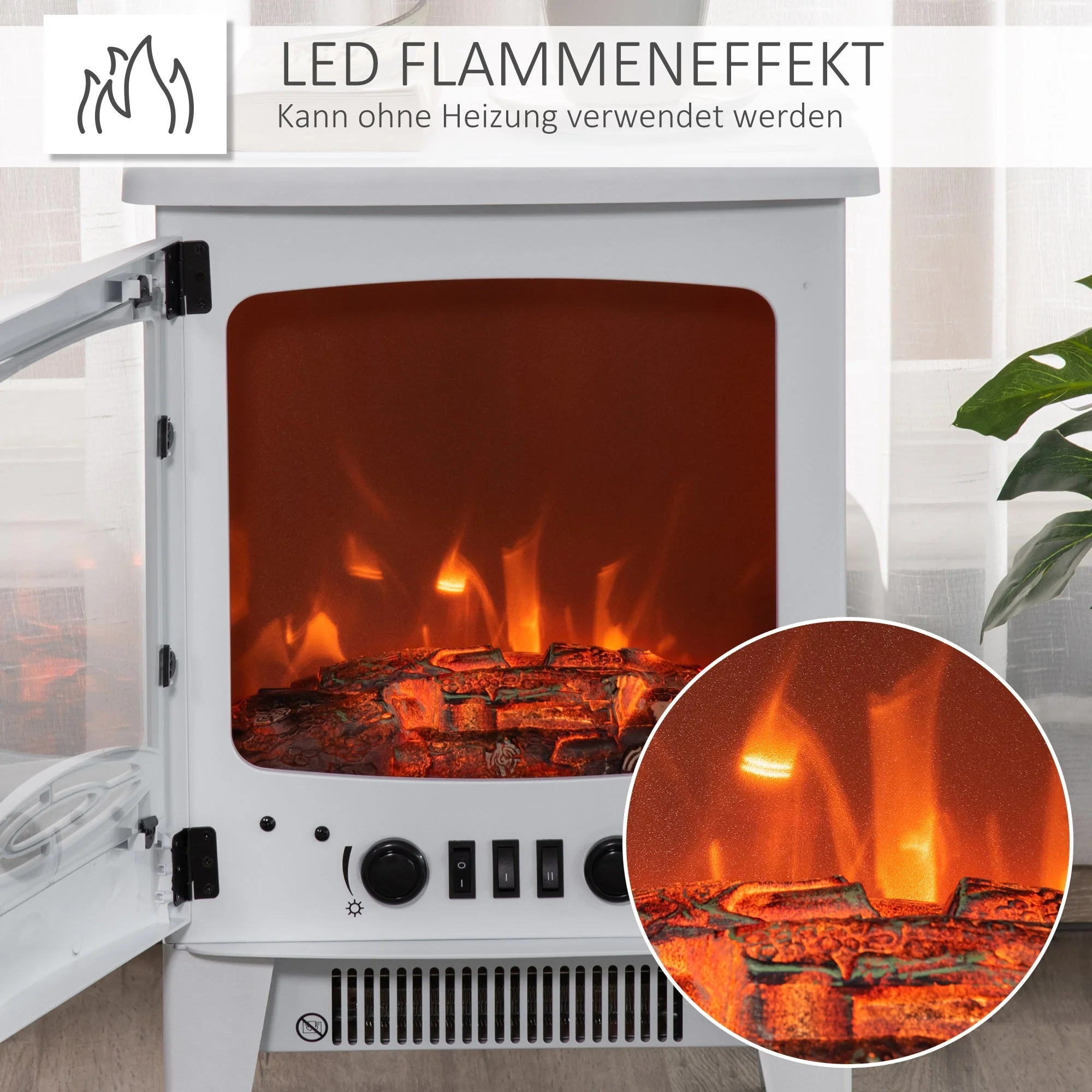 Electric Fireplace, LED Flame Effect 900/1800W, White Metal & ABS Plastic - Image 4
