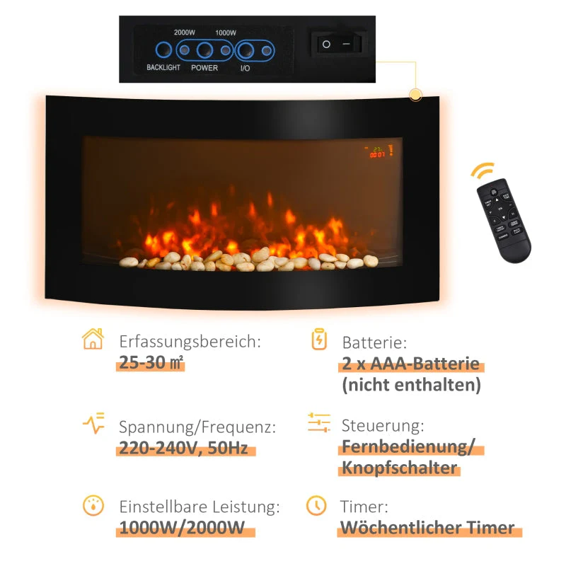 Electric Fireplace Wall-Mounted Heater LED 7 Flame Colors Remote - Black - Image 5