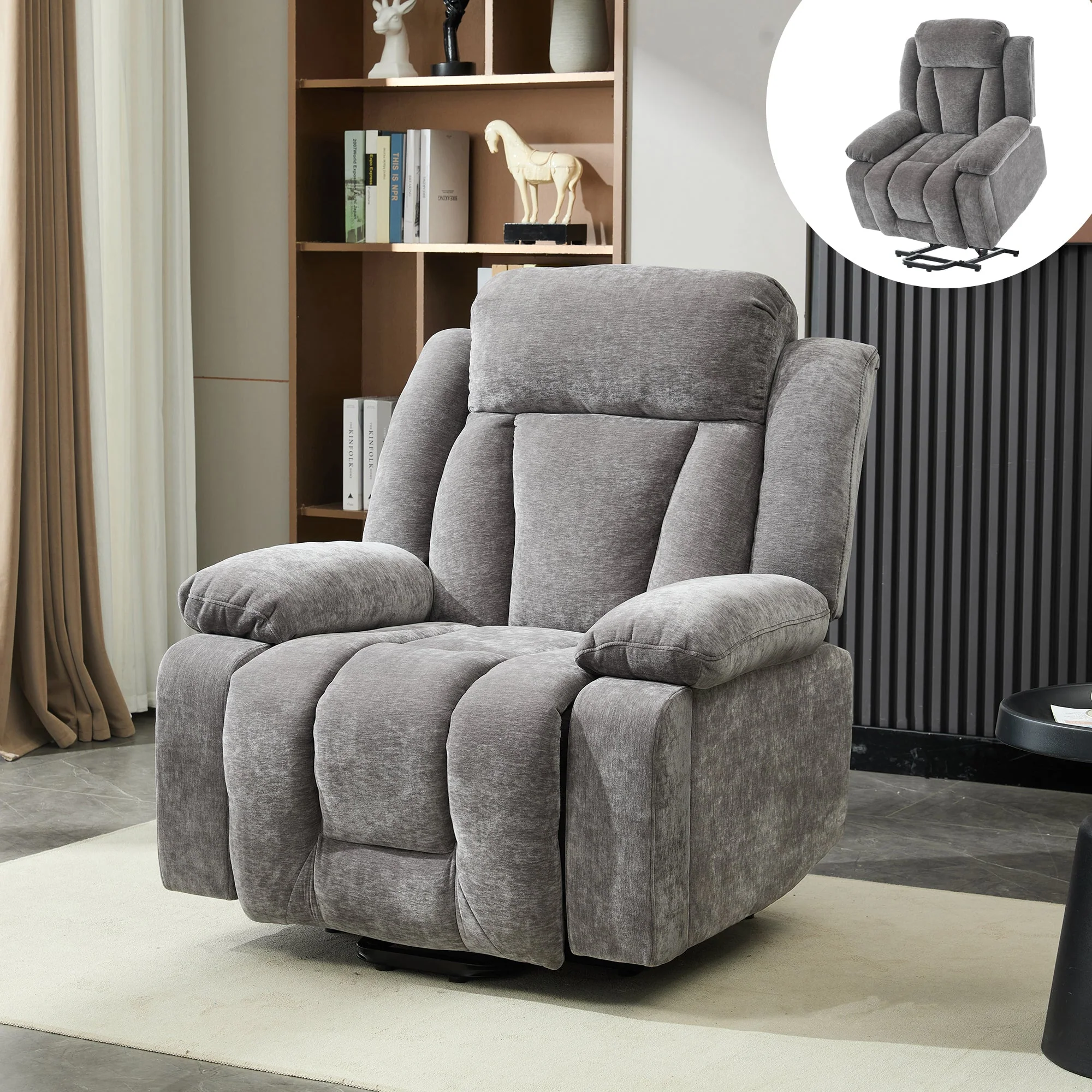 Electric Massage Chair with Lifting Function, Heating, and 8-Point Massage, Grey Fabric - Image 2